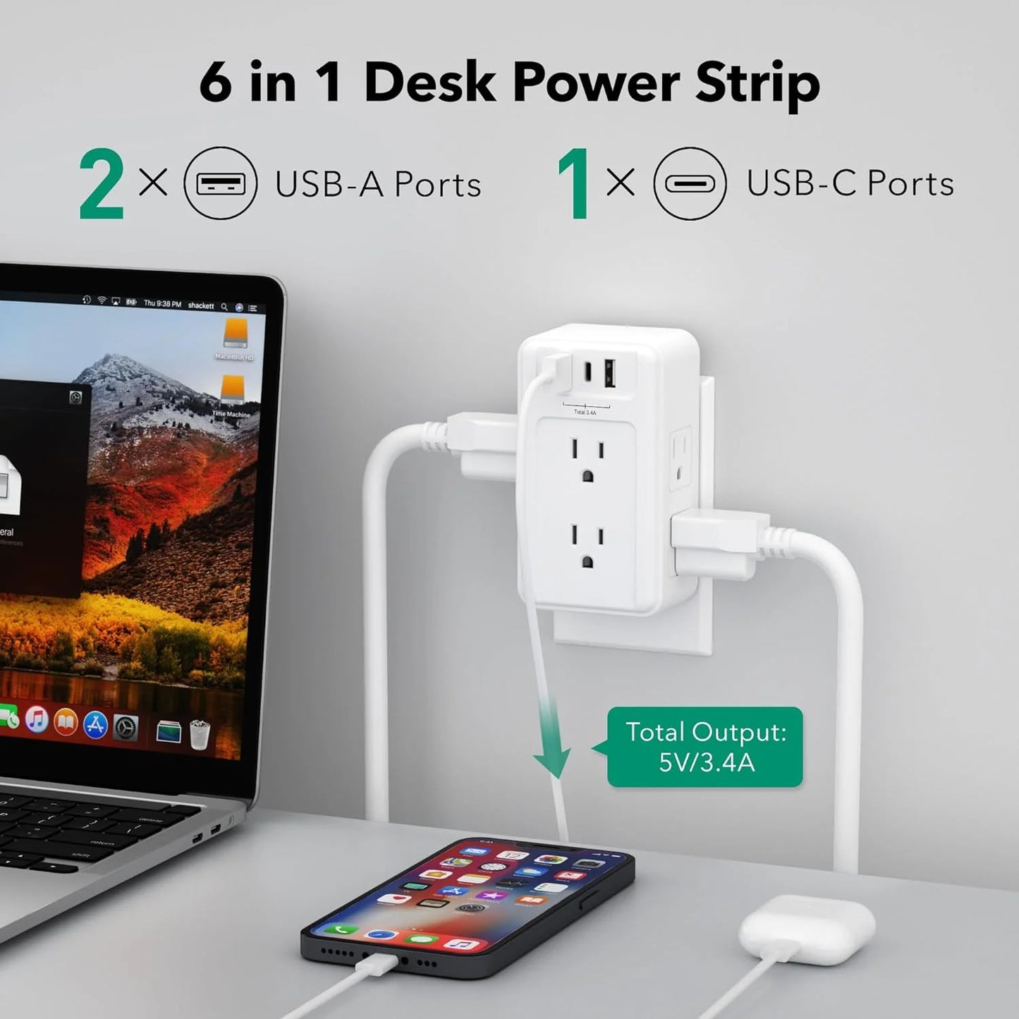 Multi Plug Outlet Extender, 6 Wall Outlets and 3 USB Ports (1 USB C), Multi Outlet Splitter Power Strip, USB Wall Power Strip Plug Adapter for Home, Office, Travel, 5V, 3.4A