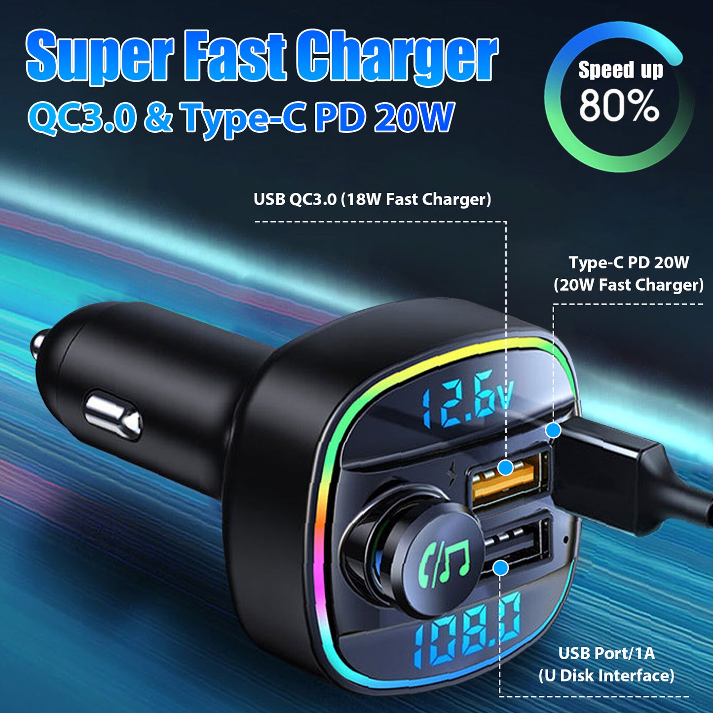 Bluetooth 5.0 Car Wireless FM Transmitter Adapter USB PD Charger AUX Hands-Free