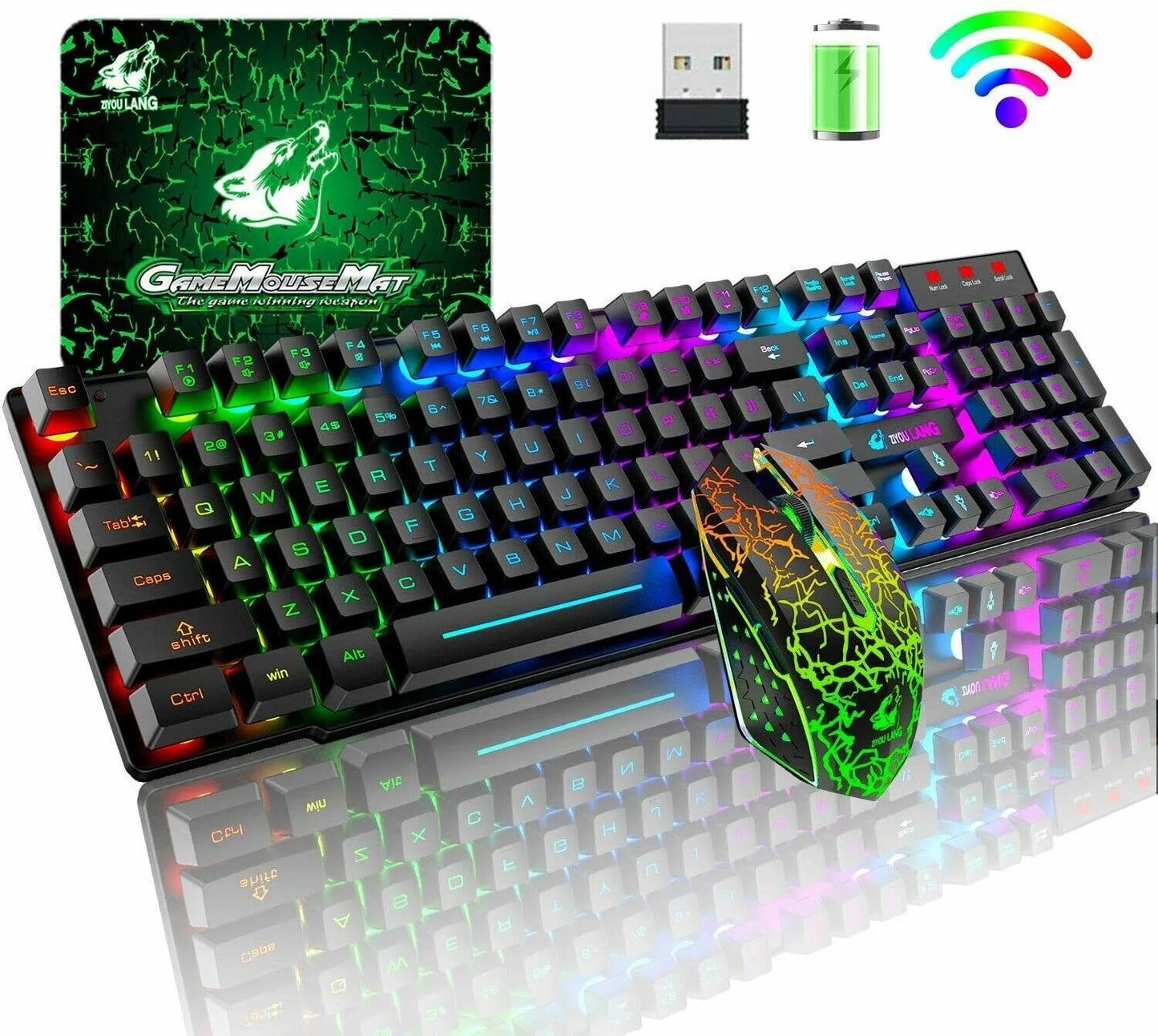 Wireless Gaming Keyboard and Mouse Combo with Mouse Pad, Rainbow LED Backlit Rechargeable Battery Mechanical Ergonomic Feel Dustproof 7 Color Backlit Mute Mice for Computer for Mac for PC Gamer