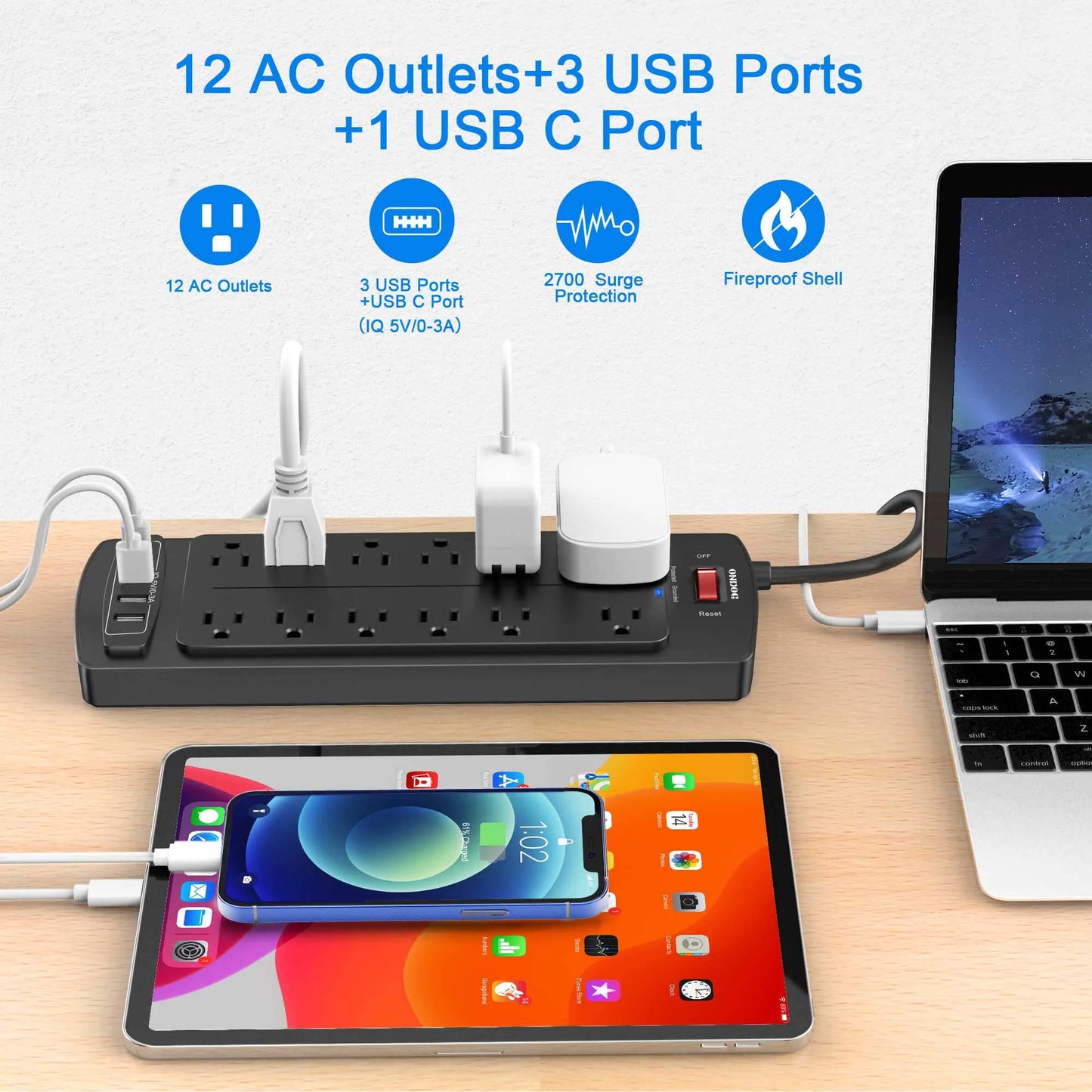 Surge Protector with 12 Outlets and 4 USB Ports, 6 Ft Extension Cord (1875W/15A), 2700J Power Strip, Black