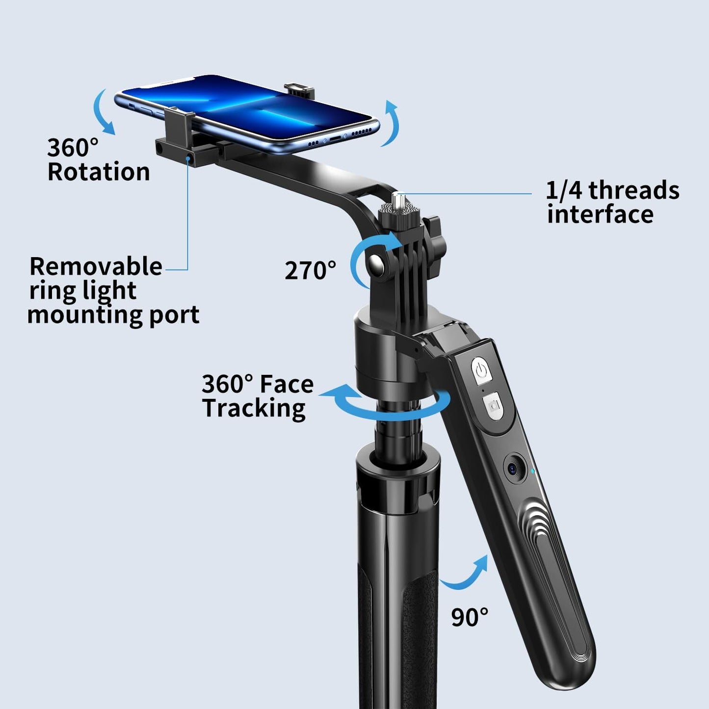 Extendable Auto Face Tracking Tripod 360° Rotation with Light, No App, 70.9" ...