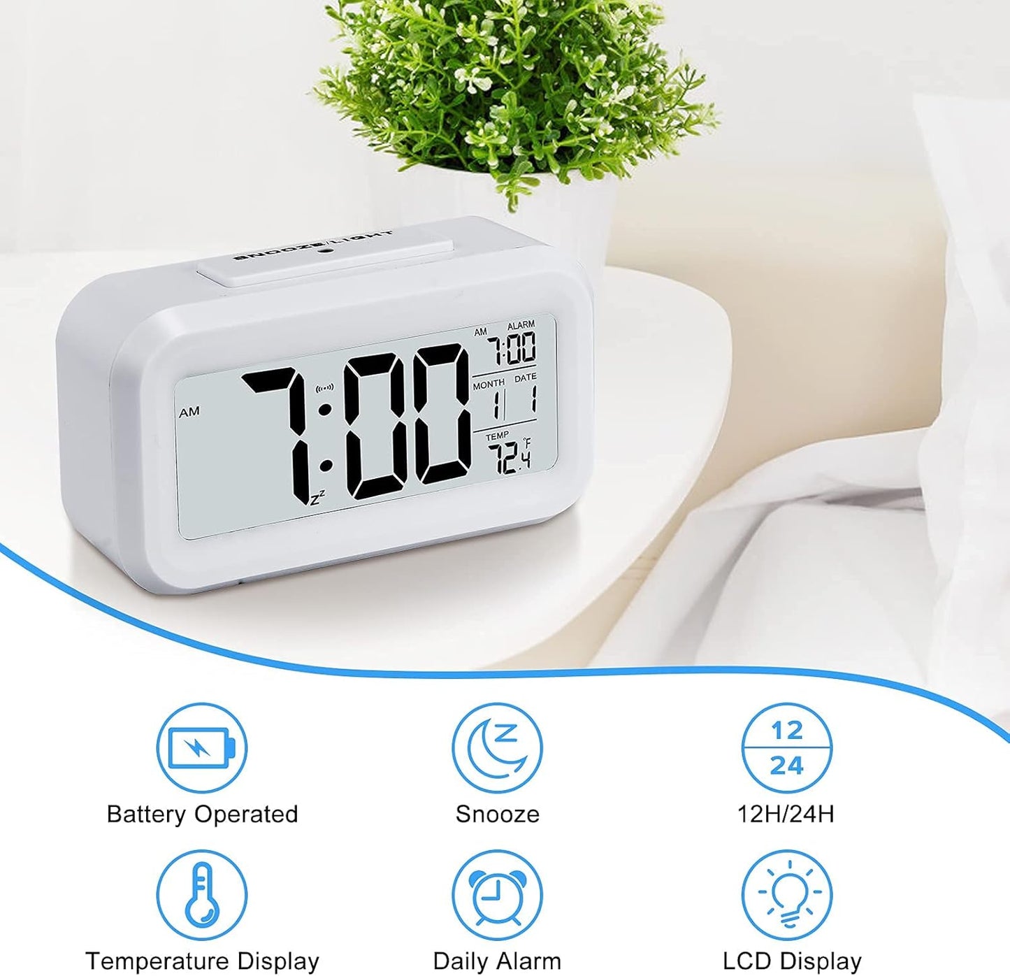 Digital Alarm Clock, Battery Operated, with Smart Night Light, 4.3-Inch LCD Display, 12/24-Hour Format, Indoor Temperature, White