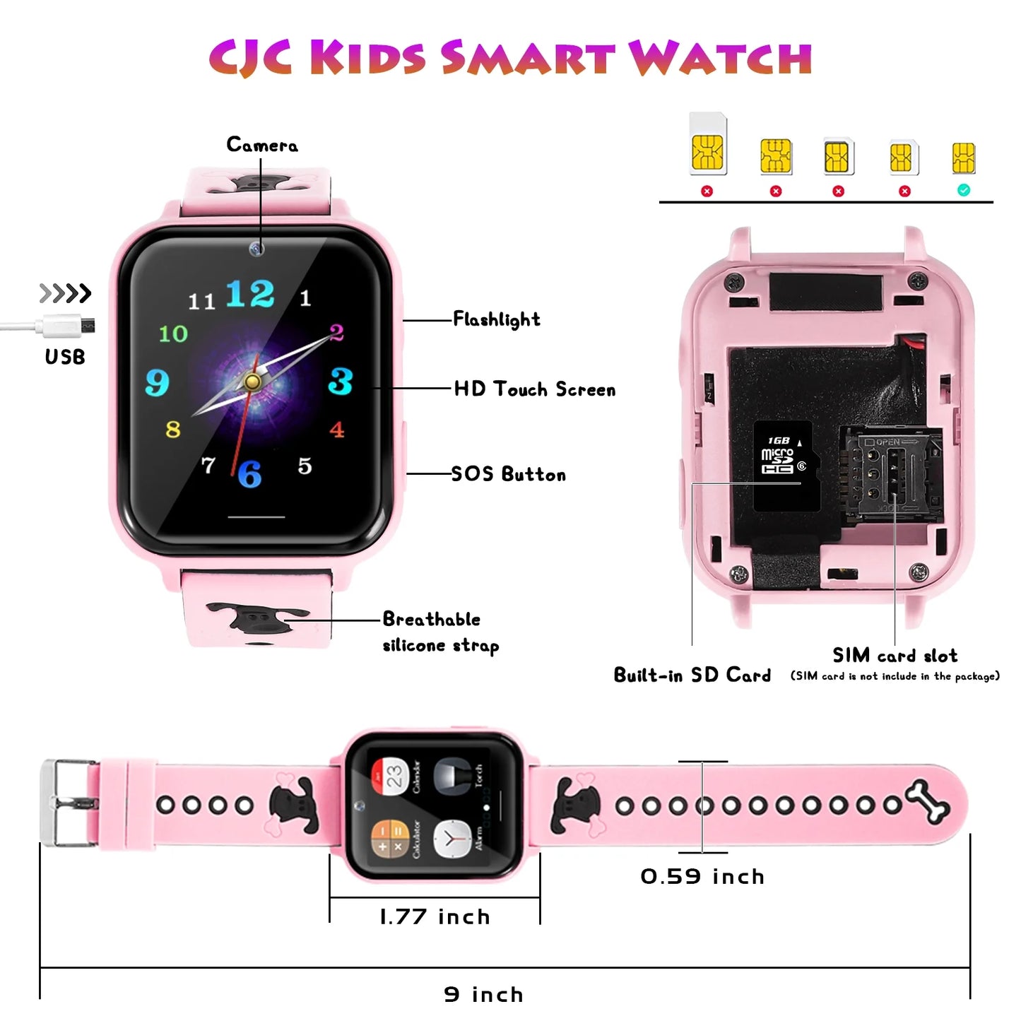 Kids Smart Watch for Boys Girls, Kids Smartwatch with Call SOS 10 Games Camera Music Player Calculator Touch Screen Wristwatch(With 1GB SD Card), Birthday Gift for Kids Aged 4-12 (Pink)