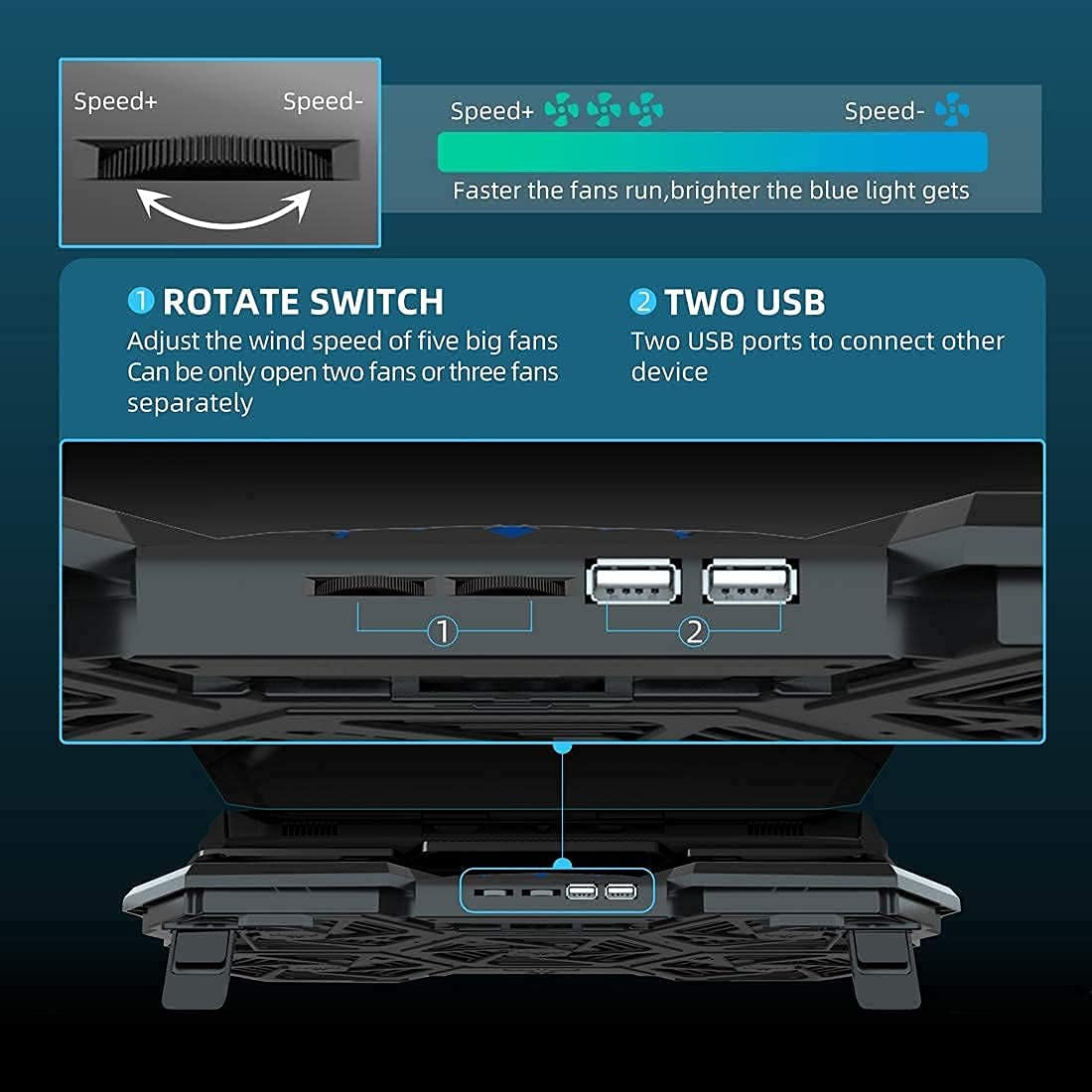 Gaming Laptop Fan Cooling Pad with 5 Big Cooling Fans, Laptop Cooler Cooling Pad for Laptop 15-17 Inch, Strong Wind Fast Heat Dissipation, the Wind Speed Adjustable, Two USB Ports