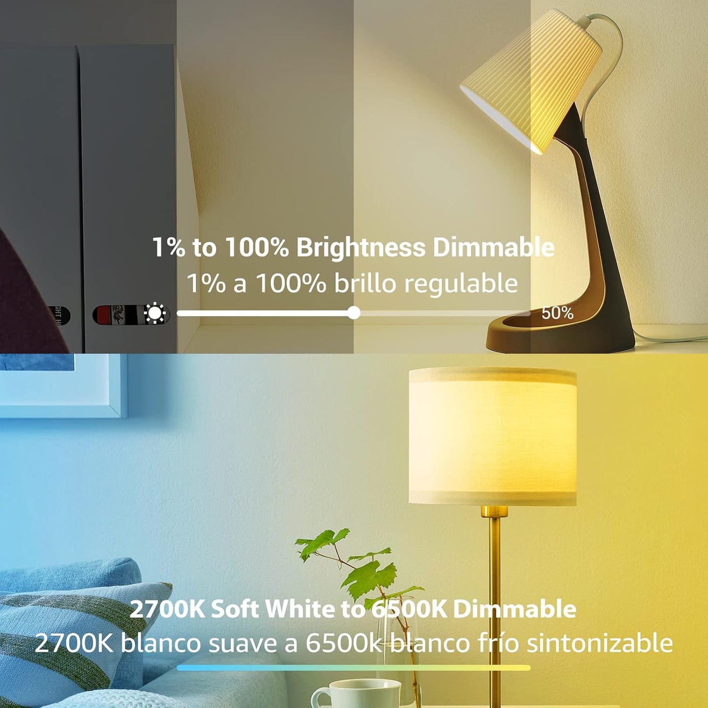Smart Light Bulbs Work with Alexa and Google Home -No Hub Required, Wifi LED Bulb 2700K Warm White to 6500K Daylight Dimmable, 10W Wifi Light Bulb, APP Remote Control, 2.4Ghz Only, 4 Pack
