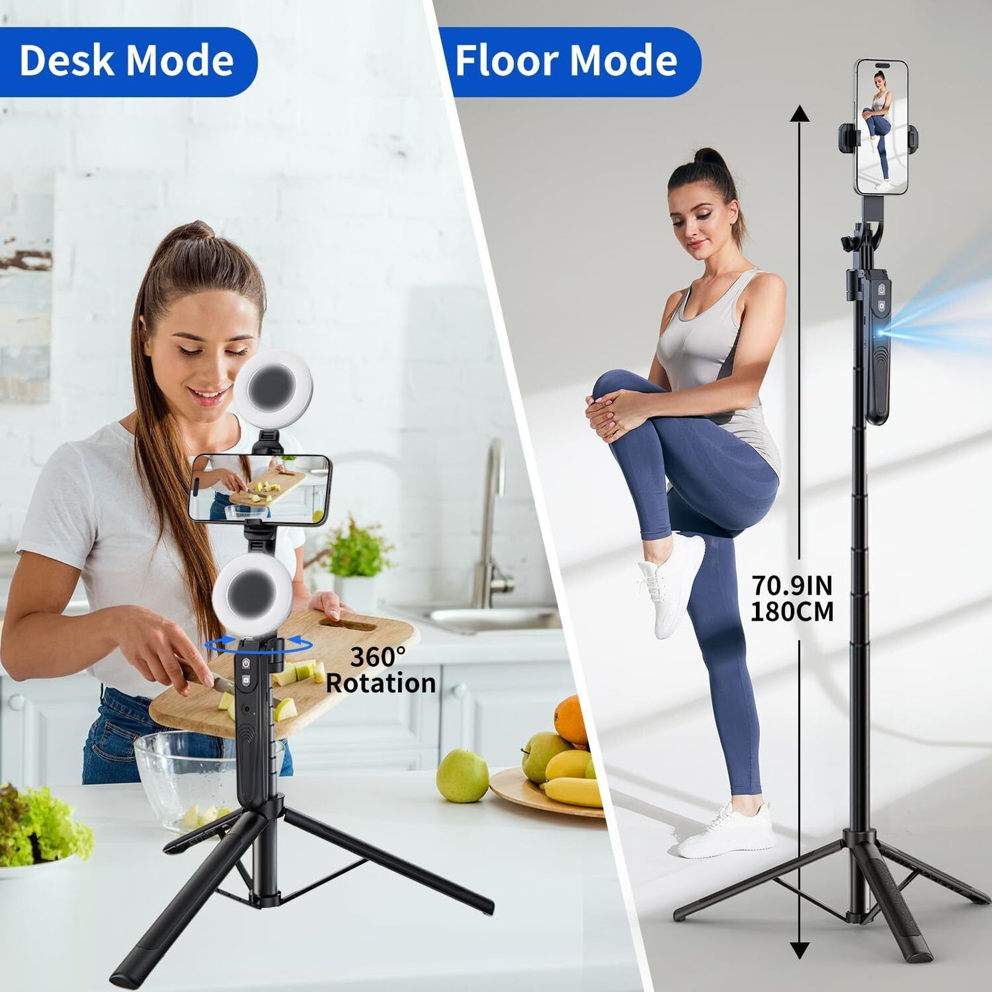 Extendable Auto Face Tracking Tripod 360° Rotation with Light, No App, 70.9" ...