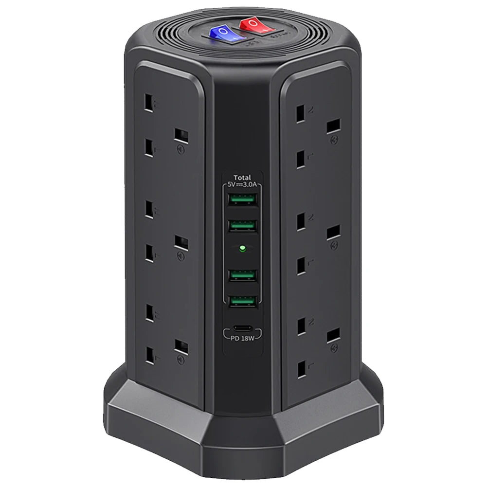 13A 3250W Tower Power Strip PD18W Fast Charging USB Slots Multi Plug Socket Power Strip 5 USB Ports and 12 Way Tower Power Strip