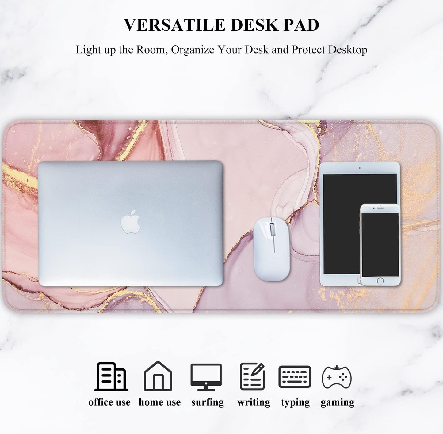 Desk Pad, XL Extended Large Gaming Mouse Pad 31.5 X 11.8 Inch, Waterproof Mousepad with Stitched Edge, Non-Slip Computer Keyboard Laptop Mat for Women Men Office Work, Pink Marble Design