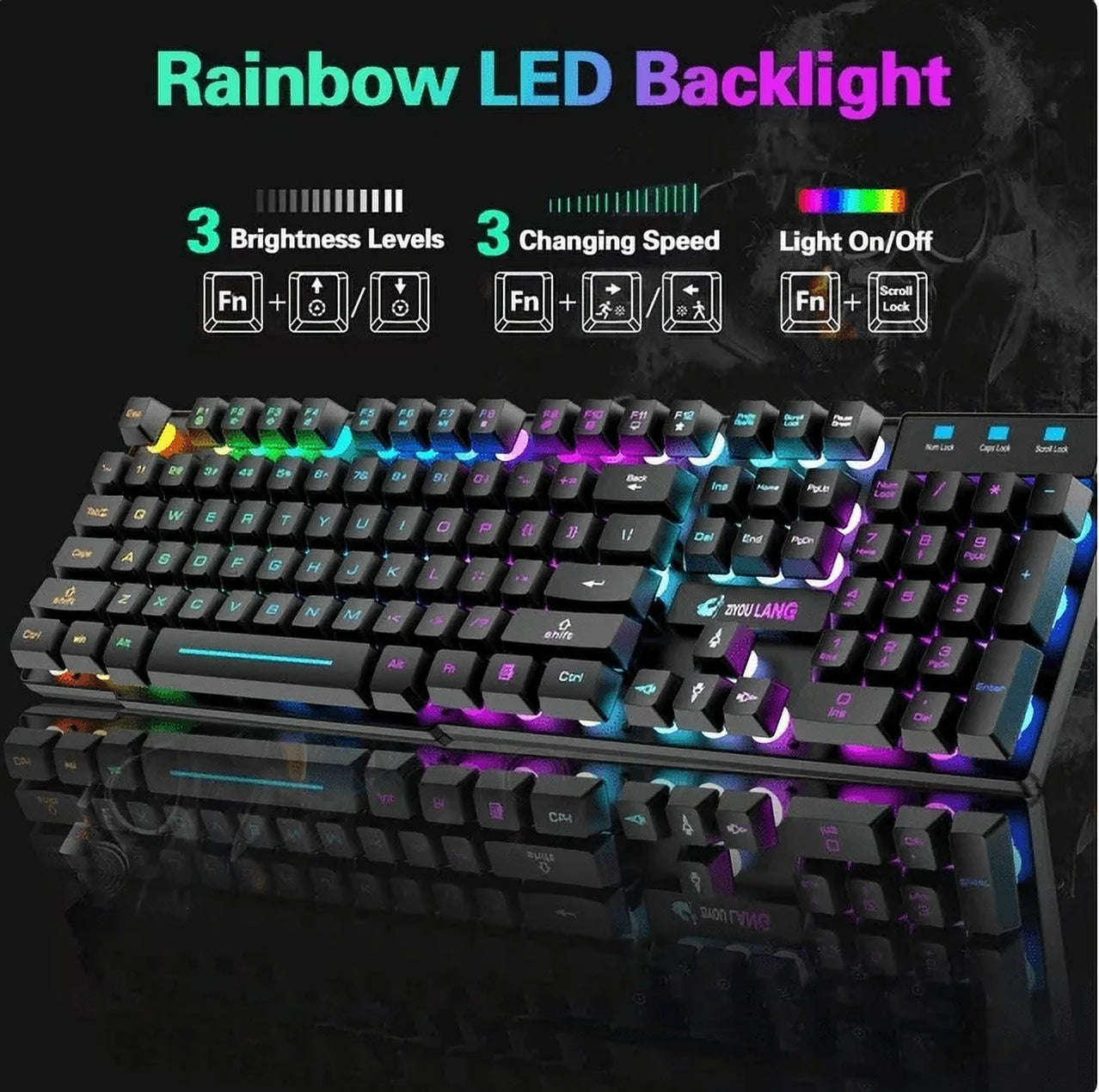Wireless Gaming Keyboard and Mouse Combo with Mouse Pad, Rainbow LED Backlit Rechargeable Battery Mechanical Ergonomic Feel Dustproof 7 Color Backlit Mute Mice for Computer for Mac for PC Gamer