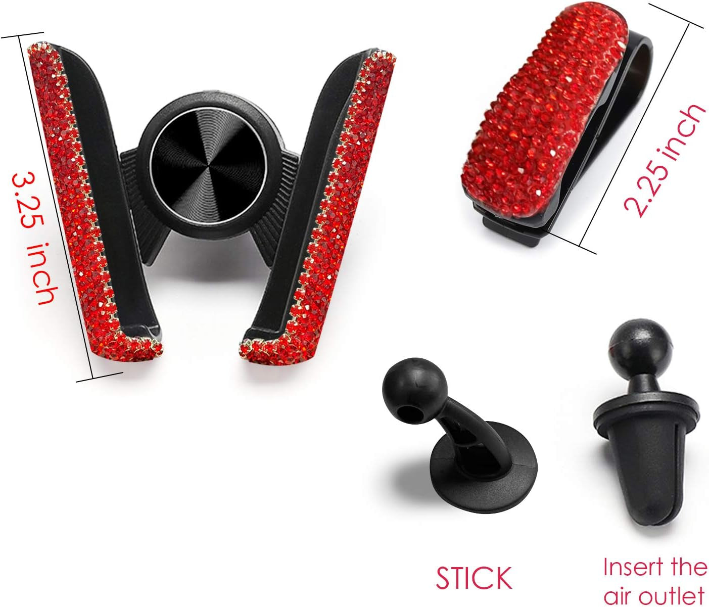 Bling Crystal Car Phone Mount with Free Glasses Holders for Car Sun Visor,Universal Cell Phone Holder for Dashboard,Windshield and Air Vent,Bling Car Accessories for Women(Red)