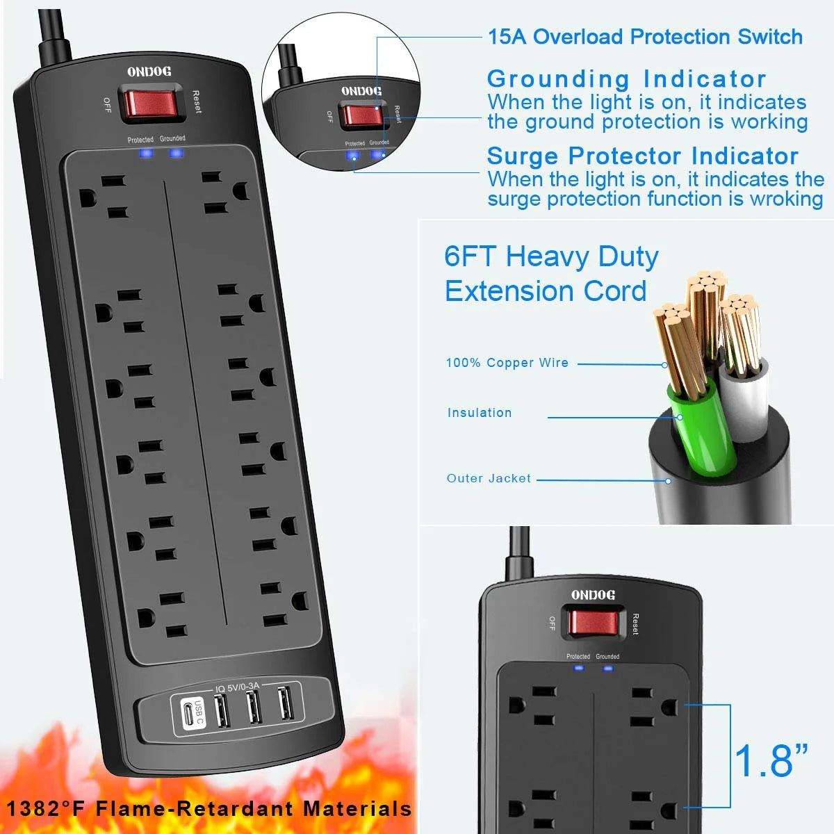 Surge Protector with 12 Outlets and 4 USB Ports, 6 Ft Extension Cord (1875W/15A), 2700J Power Strip, Black
