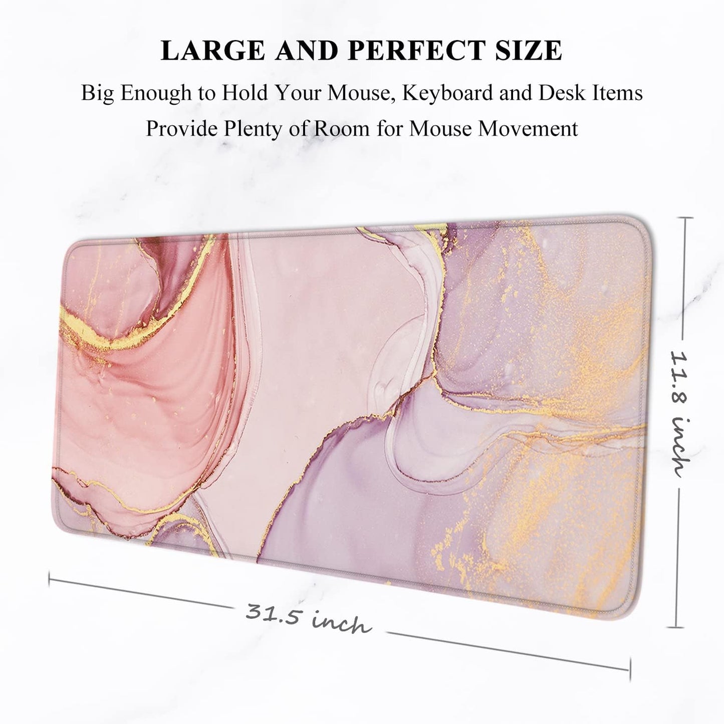 Desk Pad, XL Extended Large Gaming Mouse Pad 31.5 X 11.8 Inch, Waterproof Mousepad with Stitched Edge, Non-Slip Computer Keyboard Laptop Mat for Women Men Office Work, Pink Marble Design