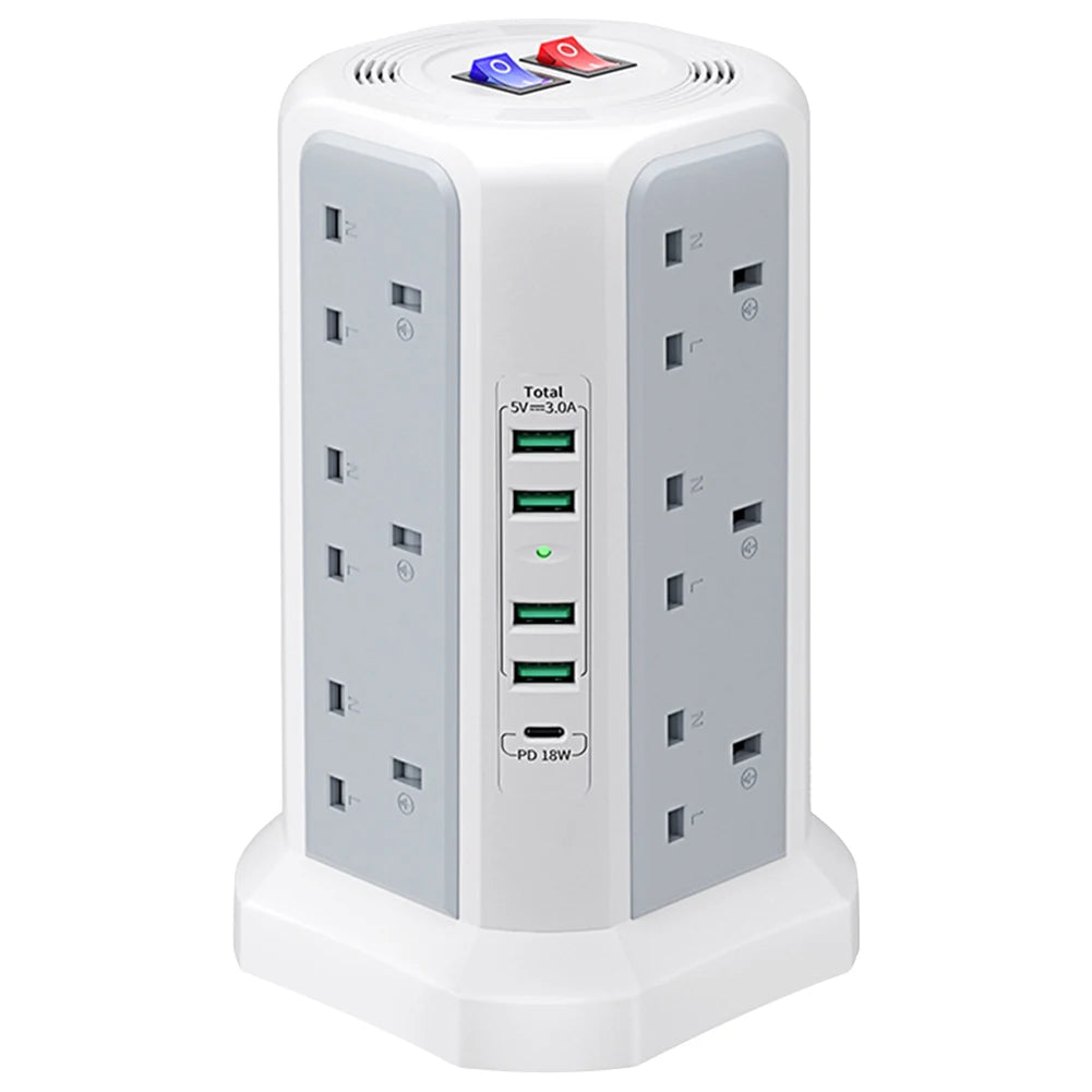 13A 3250W Tower Power Strip PD18W Fast Charging USB Slots Multi Plug Socket Power Strip 5 USB Ports and 12 Way Tower Power Strip