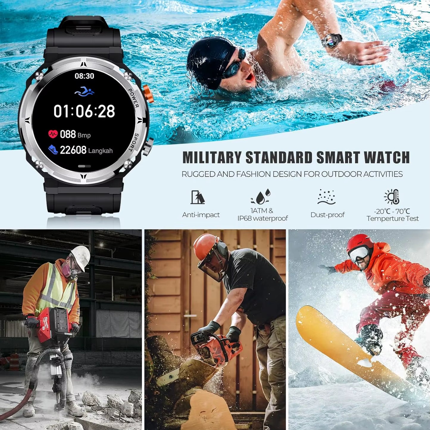 Smart Watch 1.39" Fitness Trackers with Sleep Monitor,1Atm Deep Waterproof,Long Battery Life,For Iphone and Android