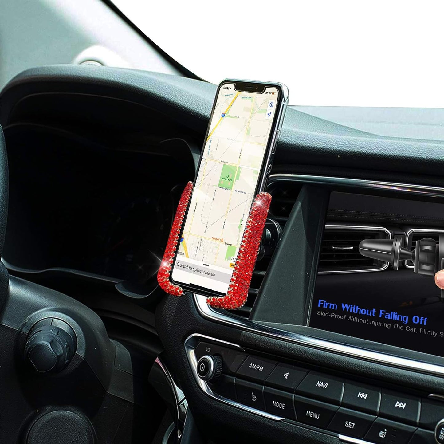 Bling Crystal Car Phone Mount with Free Glasses Holders for Car Sun Visor,Universal Cell Phone Holder for Dashboard,Windshield and Air Vent,Bling Car Accessories for Women(Red)