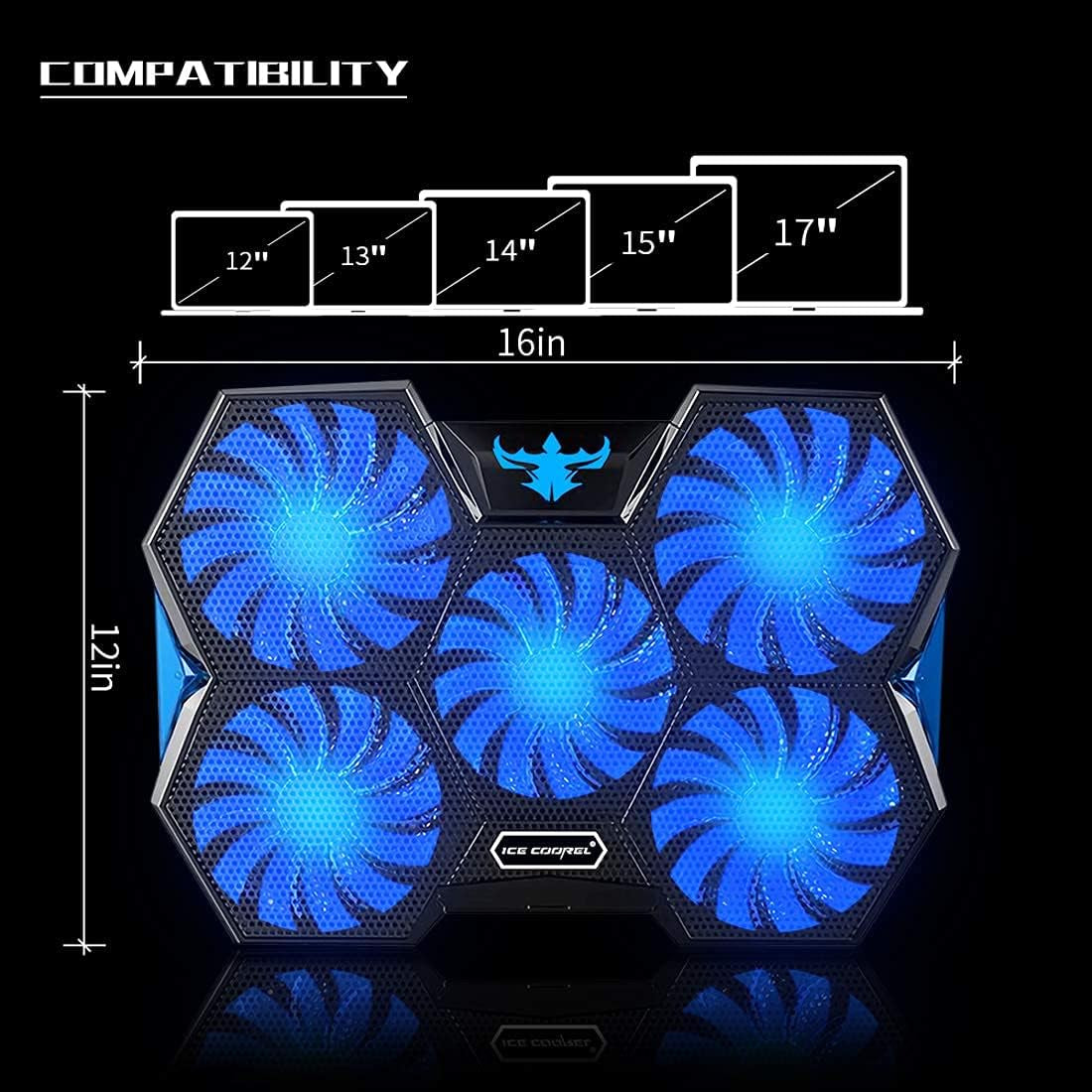Gaming Laptop Fan Cooling Pad with 5 Big Cooling Fans, Laptop Cooler Cooling Pad for Laptop 15-17 Inch, Strong Wind Fast Heat Dissipation, the Wind Speed Adjustable, Two USB Ports