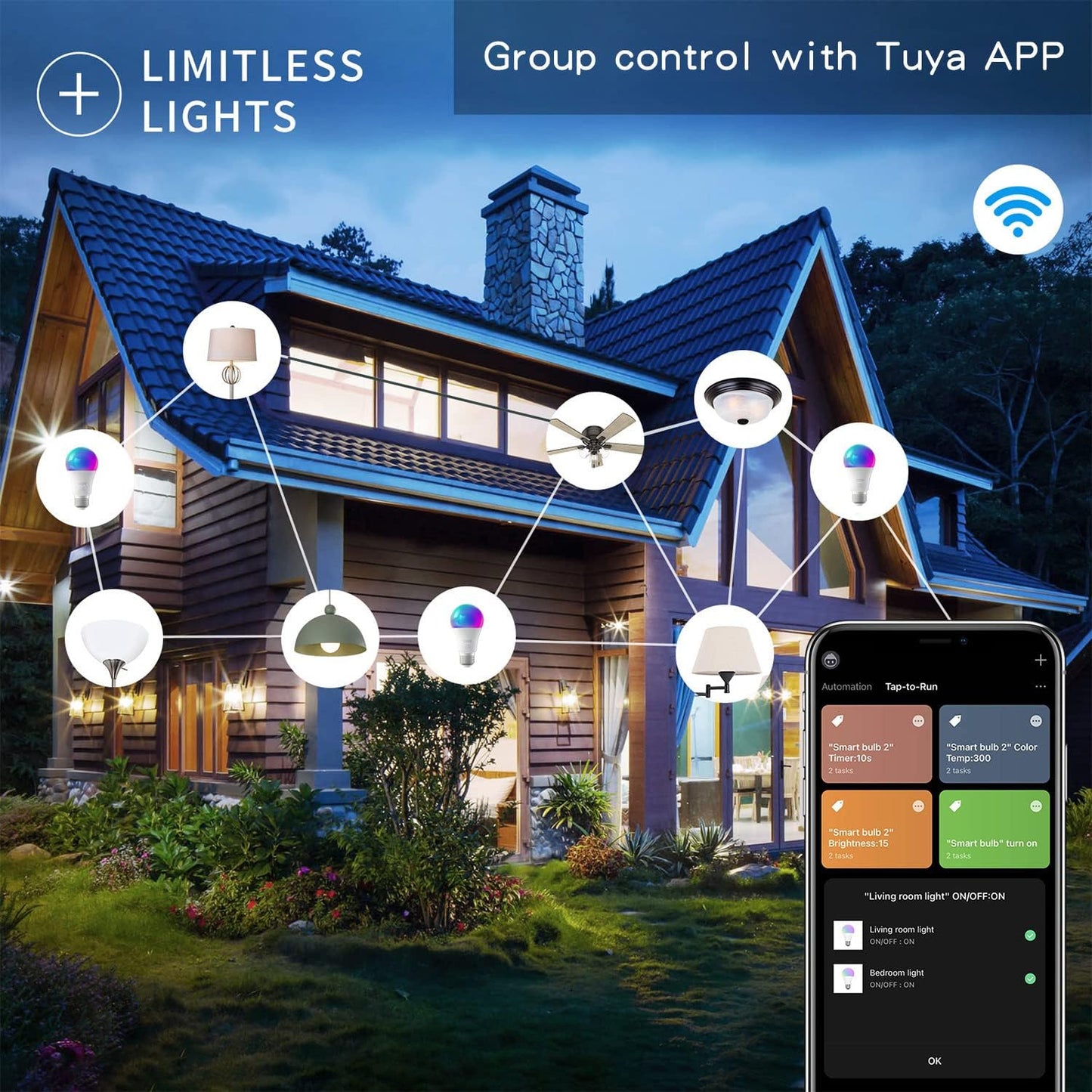 6 Pack Smart LED Light Bulbs, Tuya APP, Wifi Bulbs Work with Alexa&Google Home, RGB Color Changing Light Bulb, Music Sync, A19 E26 Base, 9W(60W Equivalent),800Lm, 2700-6500K(2.4Ghz Only)