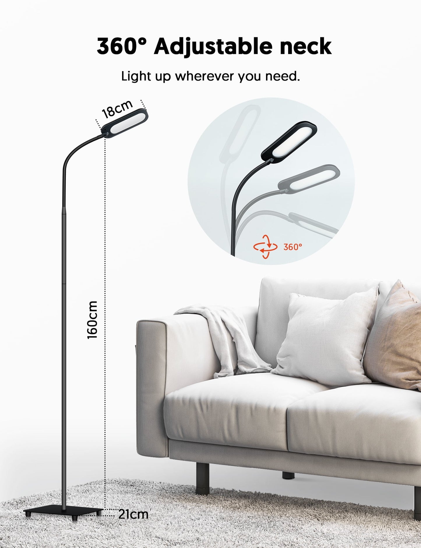 Floor Lamp, Dimmable Black Lamp with 5 Color& 4 Brightness and Adjustable Gooseneck
