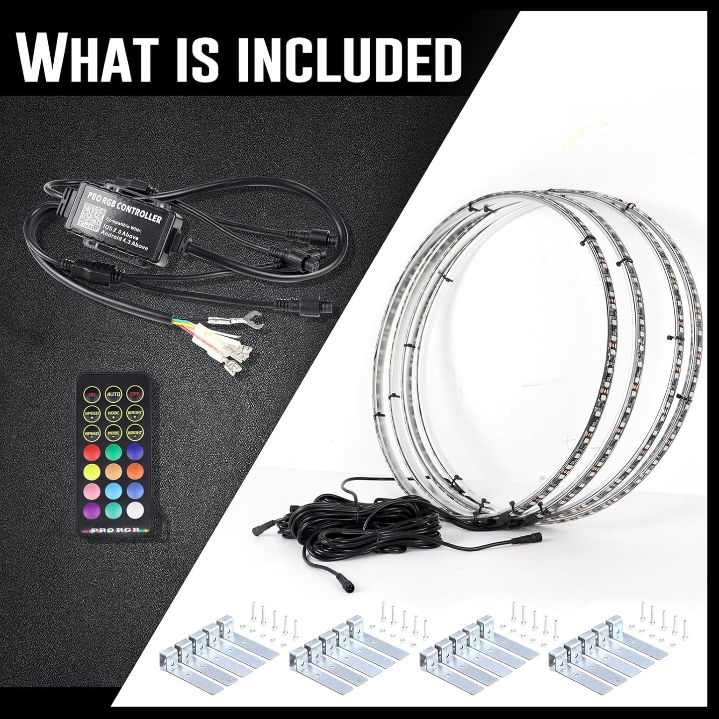 4PCS 15.5 Inch Dancing Color and Pure White LED Wheel Ring Light with Turn Signal and Braking Function, Can Controlled by Remote and APP, Single Row Rim Lights for Truck, Vehical, Offroad