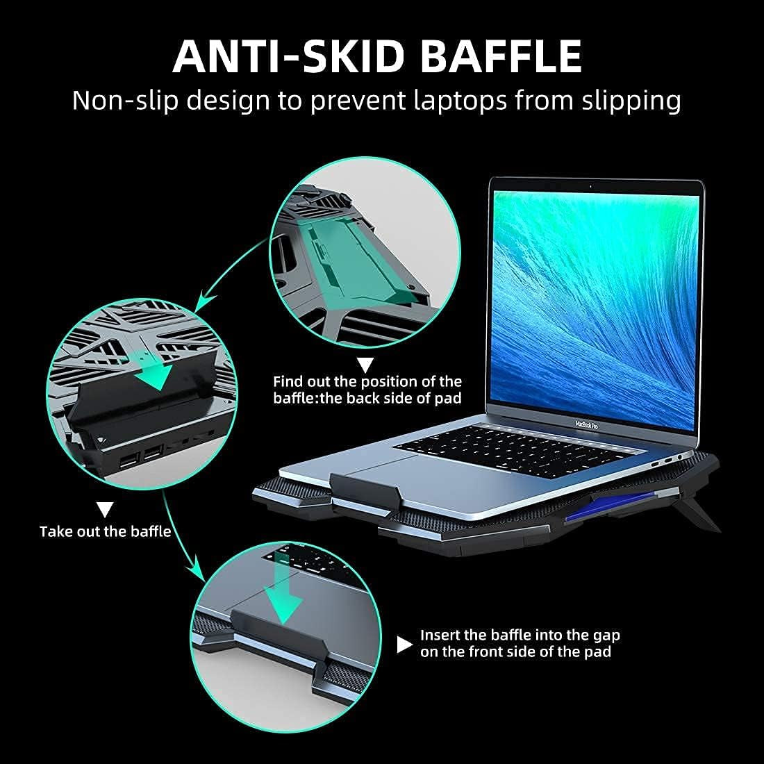 Gaming Laptop Fan Cooling Pad with 5 Big Cooling Fans, Laptop Cooler Cooling Pad for Laptop 15-17 Inch, Strong Wind Fast Heat Dissipation, the Wind Speed Adjustable, Two USB Ports
