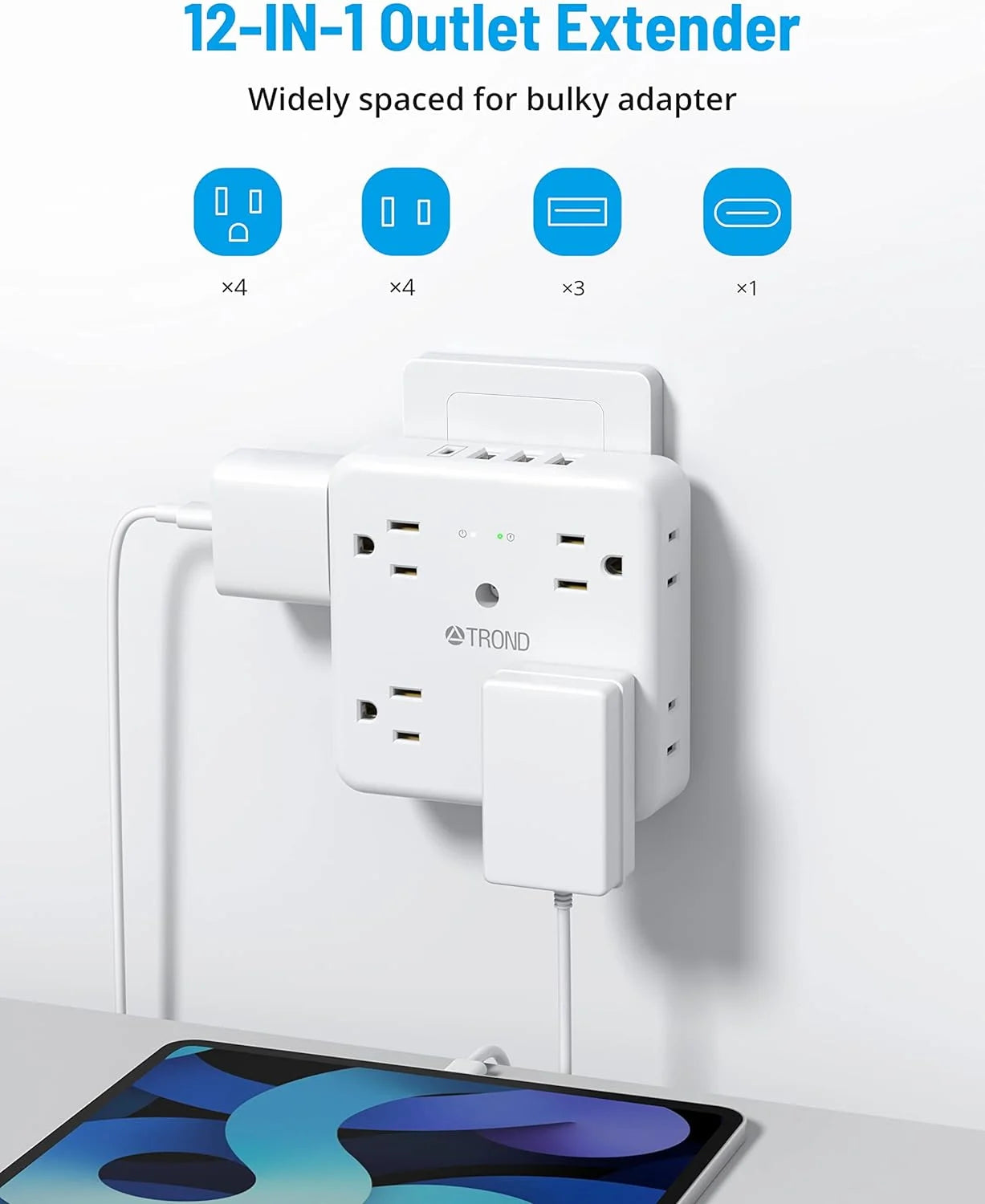 Multi Plug Outlet Extender Surge Protector, 8 AC Outlet Splitter, 3 USB and 1 Type C , On/Off Switch, 1440J White