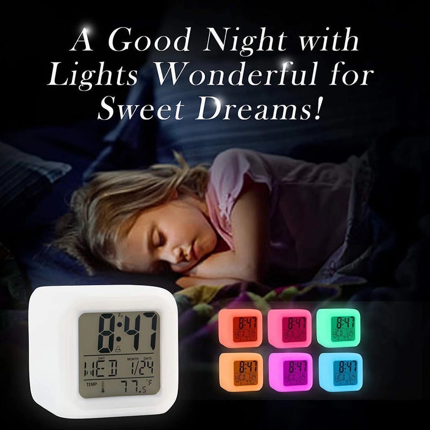 Colorful Alarm Clock Kids Wake up Digital LED Night Light Clock Travel for Boys Girls, Large Display Time/Date/Alarm with Snooze