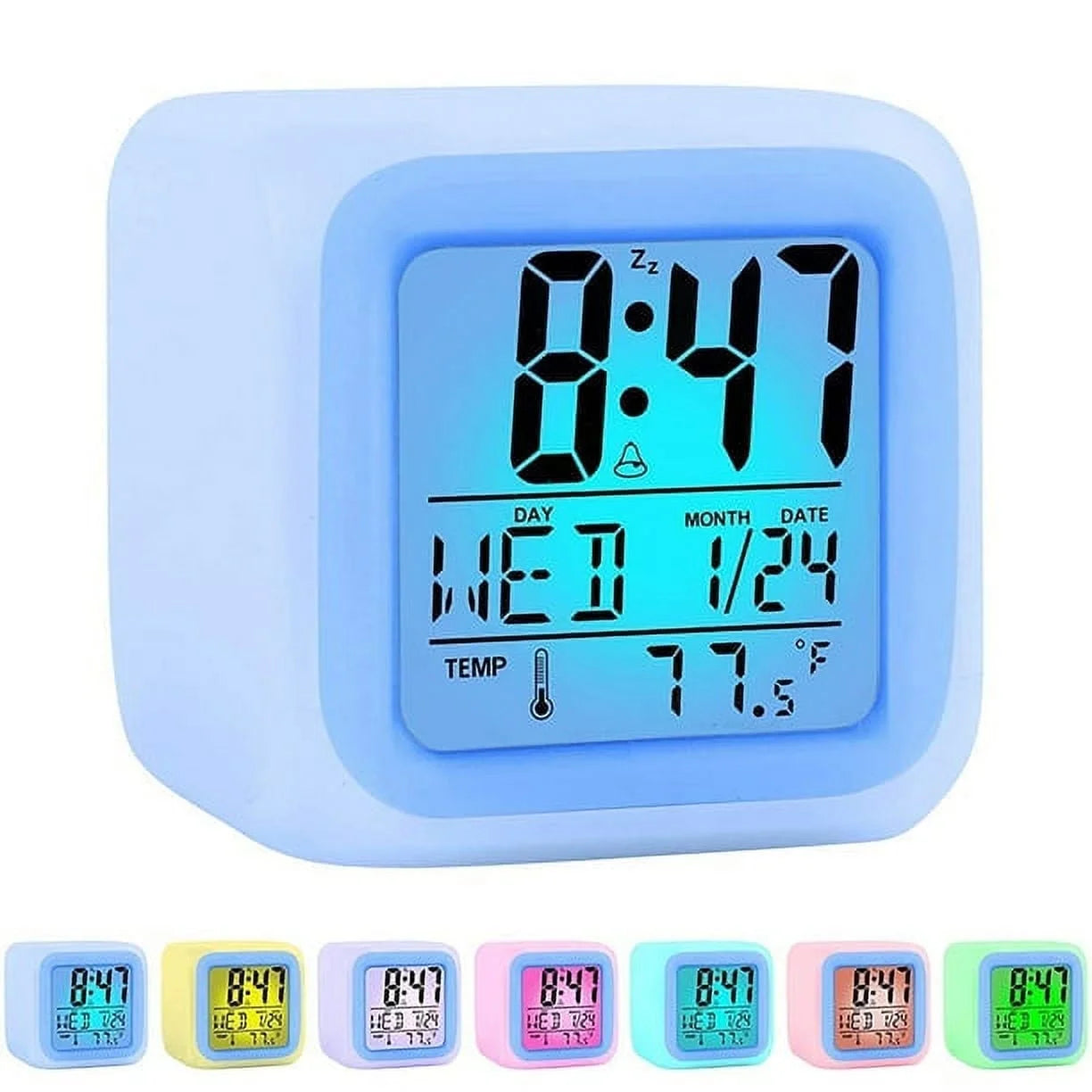 Colorful Alarm Clock Kids Wake up Digital LED Night Light Clock Travel for Boys Girls, Large Display Time/Date/Alarm with Snooze