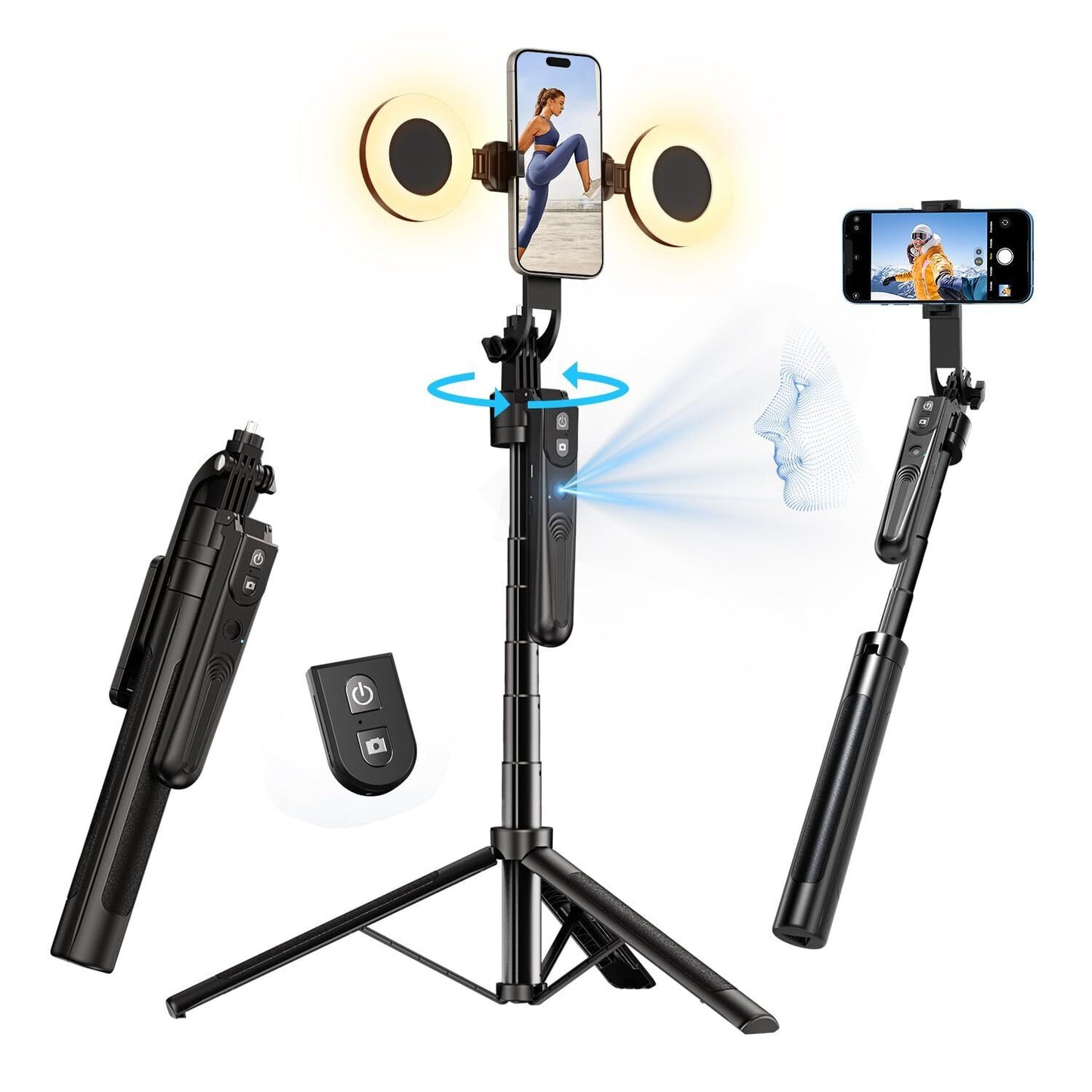 Extendable Auto Face Tracking Tripod 360° Rotation with Light, No App, 70.9" ...