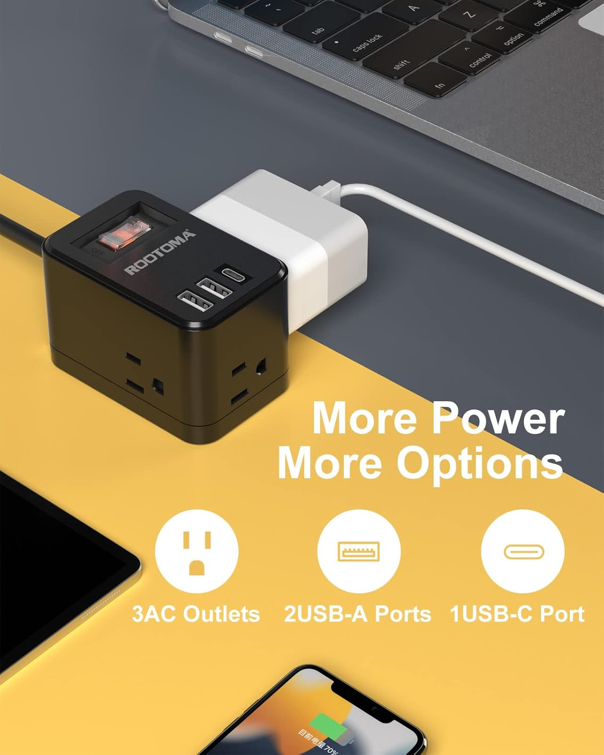 Power Strip with USB C, Power Strip Flat Plug Extension Cord 6 Feet, USB C Charging Station, 3 Outlets 2 USB Ports (15.5W/3.1A), Non Surge Protector for Travel, Cruise Ship 02-Black