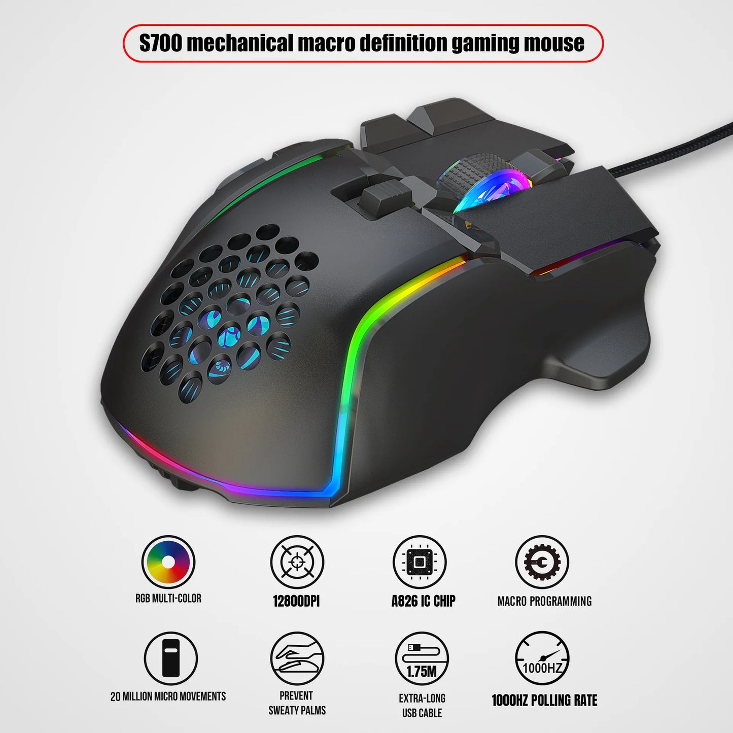 10 Buttons 12800 DPI USB Gaming Mechanical Mouse RGB Backlit Computer Gamer Programmable Wired Mice for Laptop PC Desktop