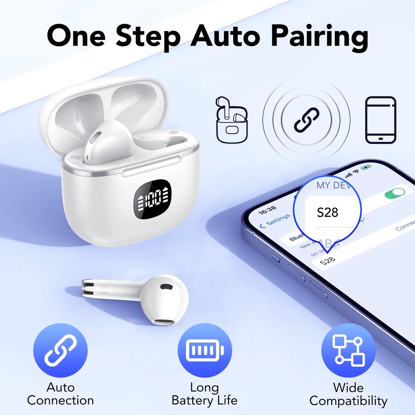 Wireless Earbuds Bluetooth Headphone 60H Deep Bass Loud Sound with 4 Mic Clear Call Ear Buds Noise Cancelling IP7 In-Ear Headphones with Wireless Charging Case Compatible for Iphone Android, White