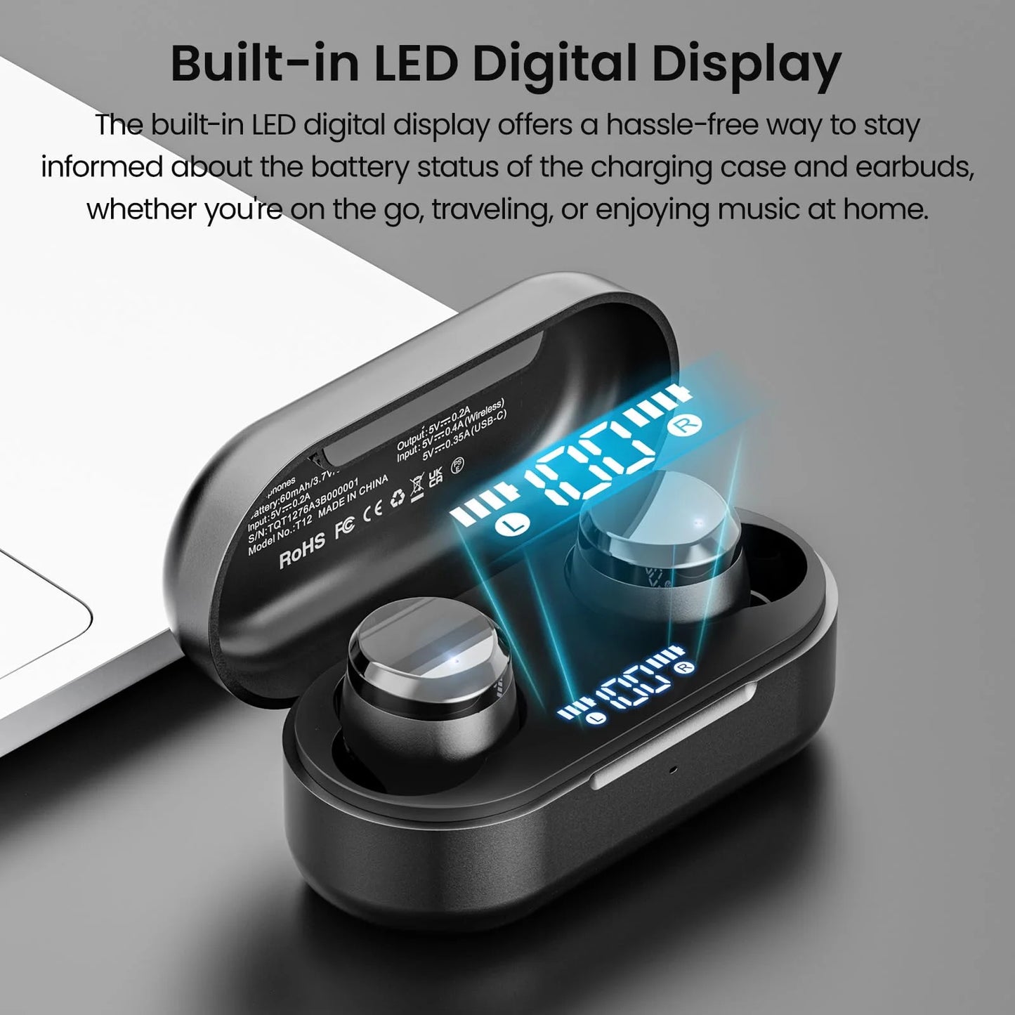 T12 In-Ear Wireless Earbuds Bluetooth 5.3 Headphones with 32EQ Mode,Stereo Bass Bluetooth Earbuds with ENC Noise Cancelling Mic,55H Play,Ipx8 Waterproof,Wireless Charging for Home,Sports,Travel