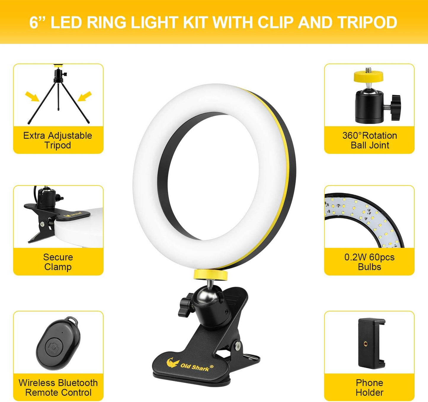 6.3” Ring Light, Desk Selfie Ring Light with Clamp Mount and Tripod Stand Phone Holder for Laptop Computer, for Youtube Video, Makeup, Selfie, Photography, Live Streaming, Tiktok