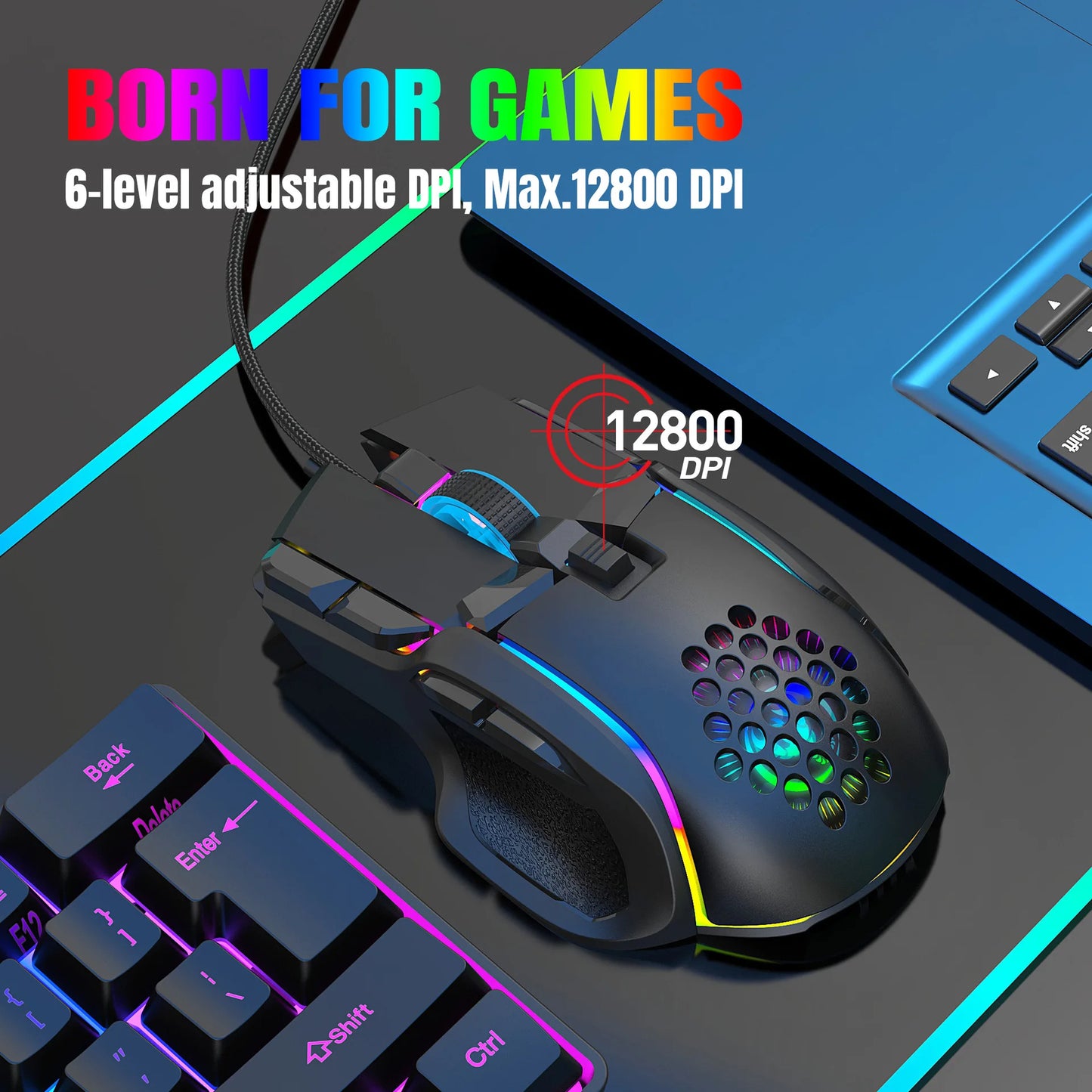 10 Buttons 12800 DPI USB Gaming Mechanical Mouse RGB Backlit Computer Gamer Programmable Wired Mice for Laptop PC Desktop