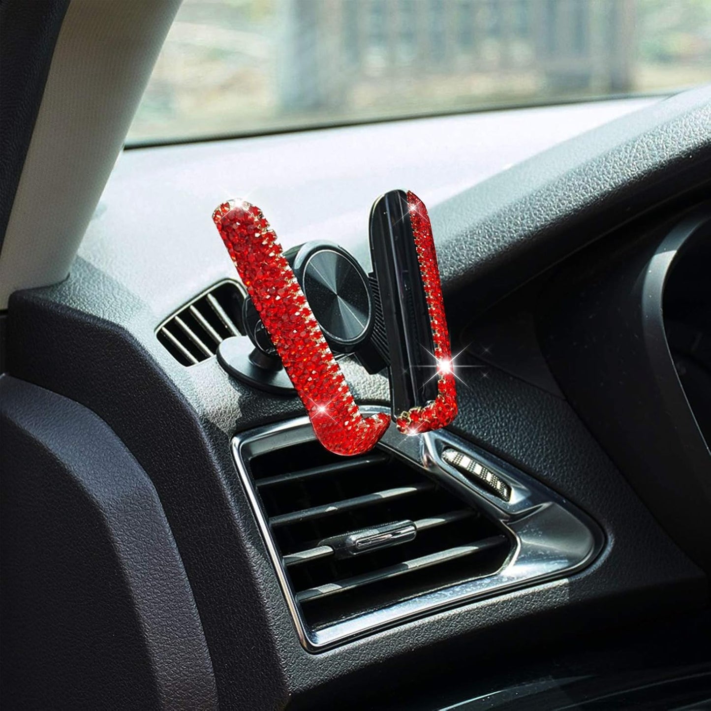 Bling Crystal Car Phone Mount with Free Glasses Holders for Car Sun Visor,Universal Cell Phone Holder for Dashboard,Windshield and Air Vent,Bling Car Accessories for Women(Red)