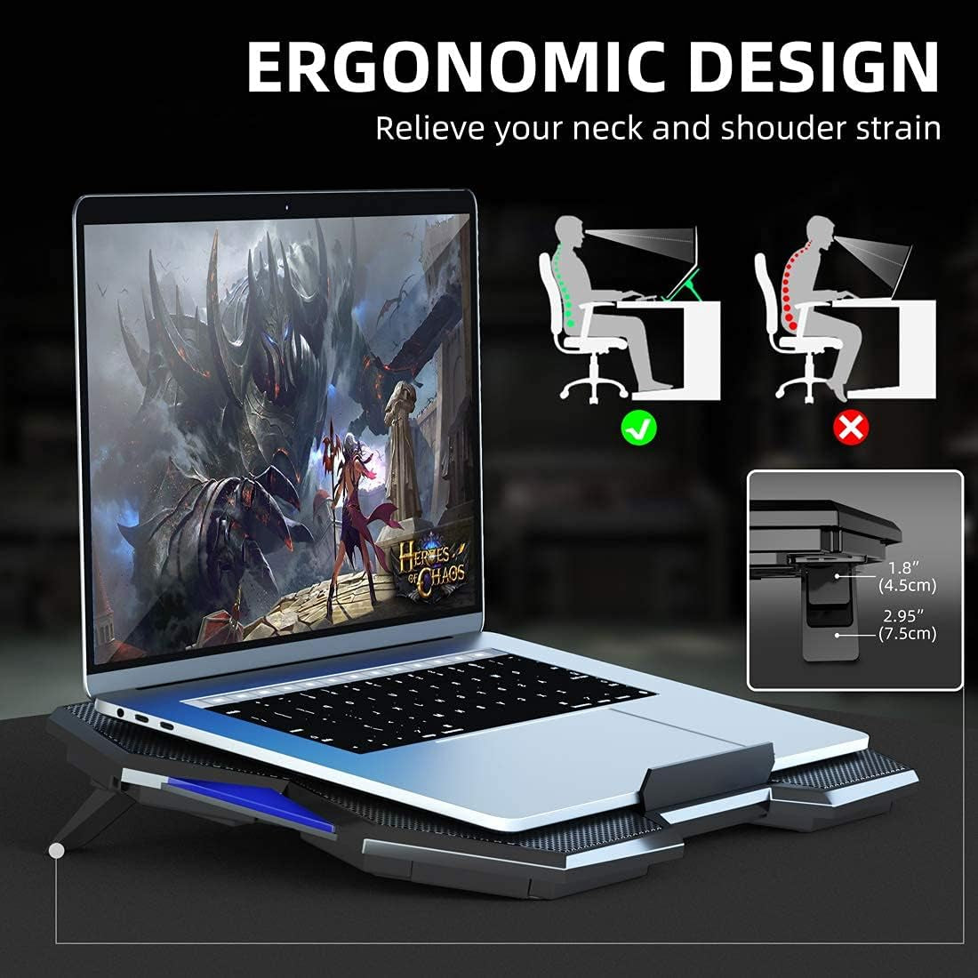 Gaming Laptop Fan Cooling Pad with 5 Big Cooling Fans, Laptop Cooler Cooling Pad for Laptop 15-17 Inch, Strong Wind Fast Heat Dissipation, the Wind Speed Adjustable, Two USB Ports