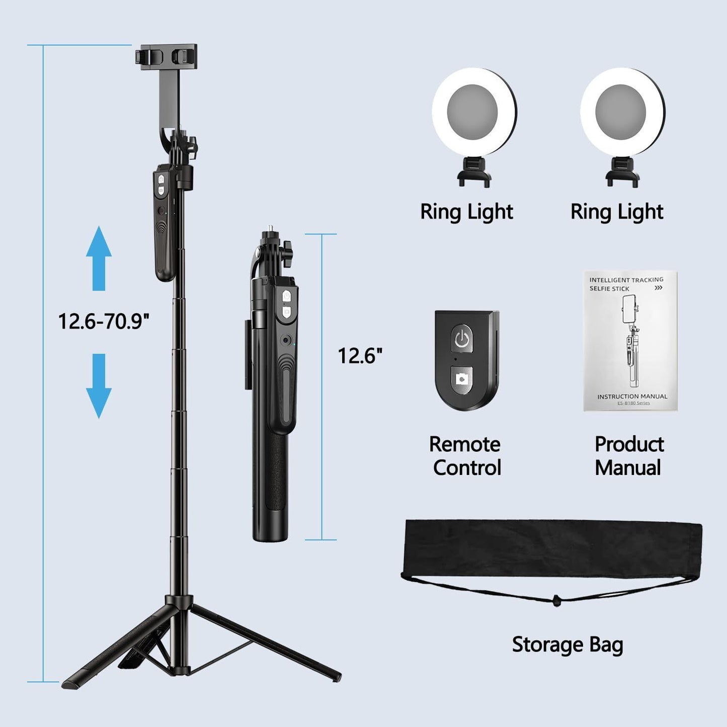 Extendable Auto Face Tracking Tripod 360° Rotation with Light, No App, 70.9" ...