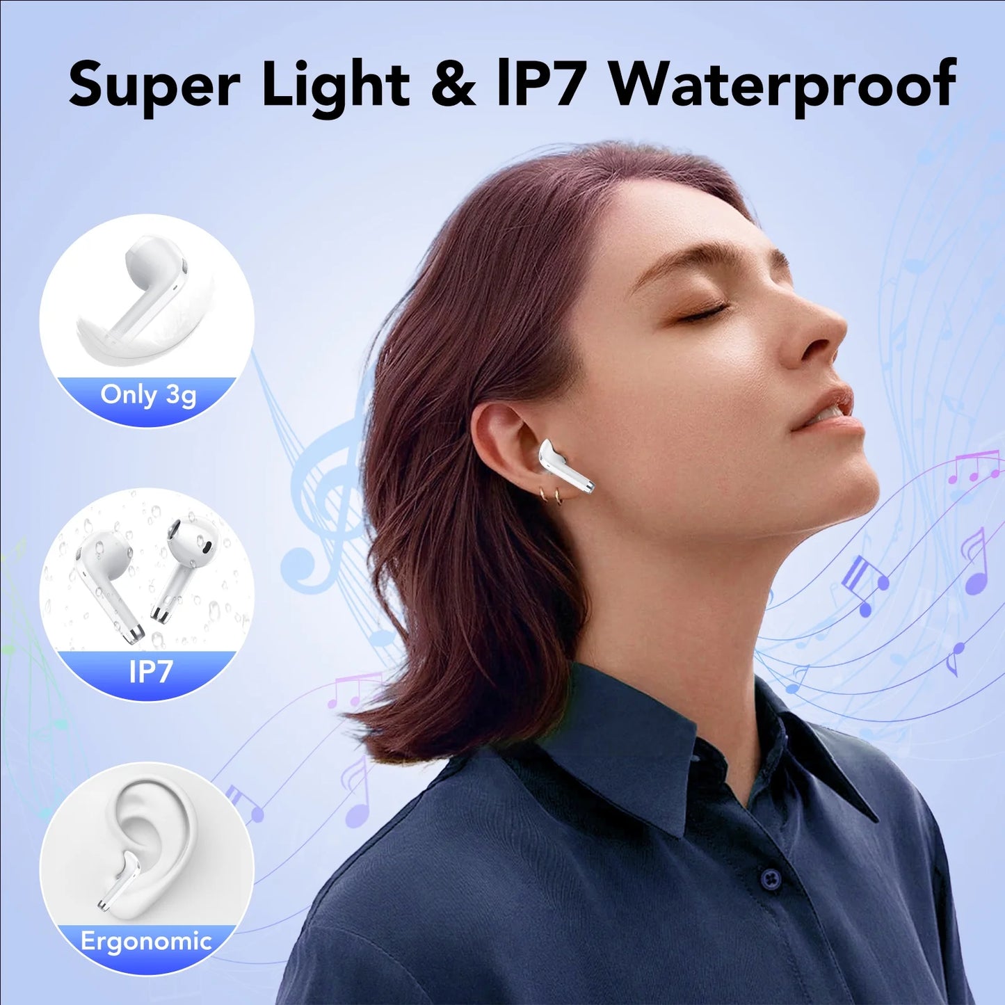 Wireless Earbuds Bluetooth Headphone 60H Deep Bass Loud Sound with 4 Mic Clear Call Ear Buds Noise Cancelling IP7 In-Ear Headphones with Wireless Charging Case Compatible for Iphone Android, White