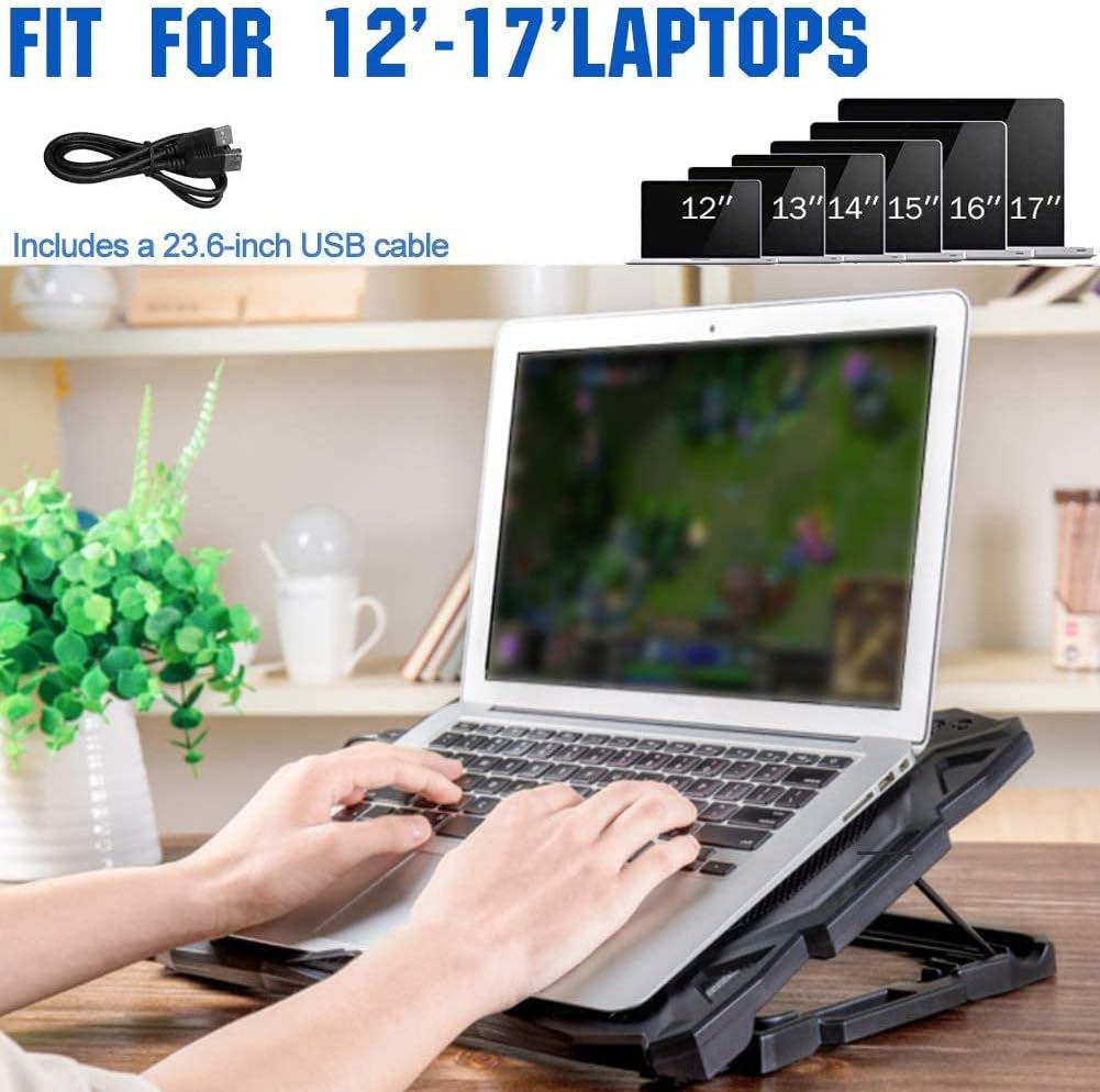 Laptop Cooling Pad, Portable Laptop Stand with 6 Angle Adjustable & 5 Quiet Blue LED Fans for 12-17.3 Inch Gaming Laptop, Laptop Cooler Built-In Dual USB Ports Support Mouse, Keyboard Device