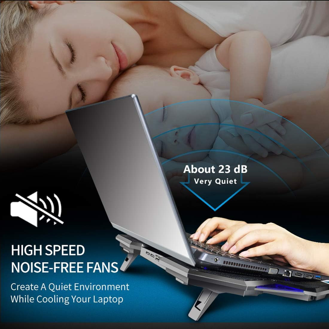 Gaming Laptop Fan Cooling Pad with 5 Big Cooling Fans, Laptop Cooler Cooling Pad for Laptop 15-17 Inch, Strong Wind Fast Heat Dissipation, the Wind Speed Adjustable, Two USB Ports