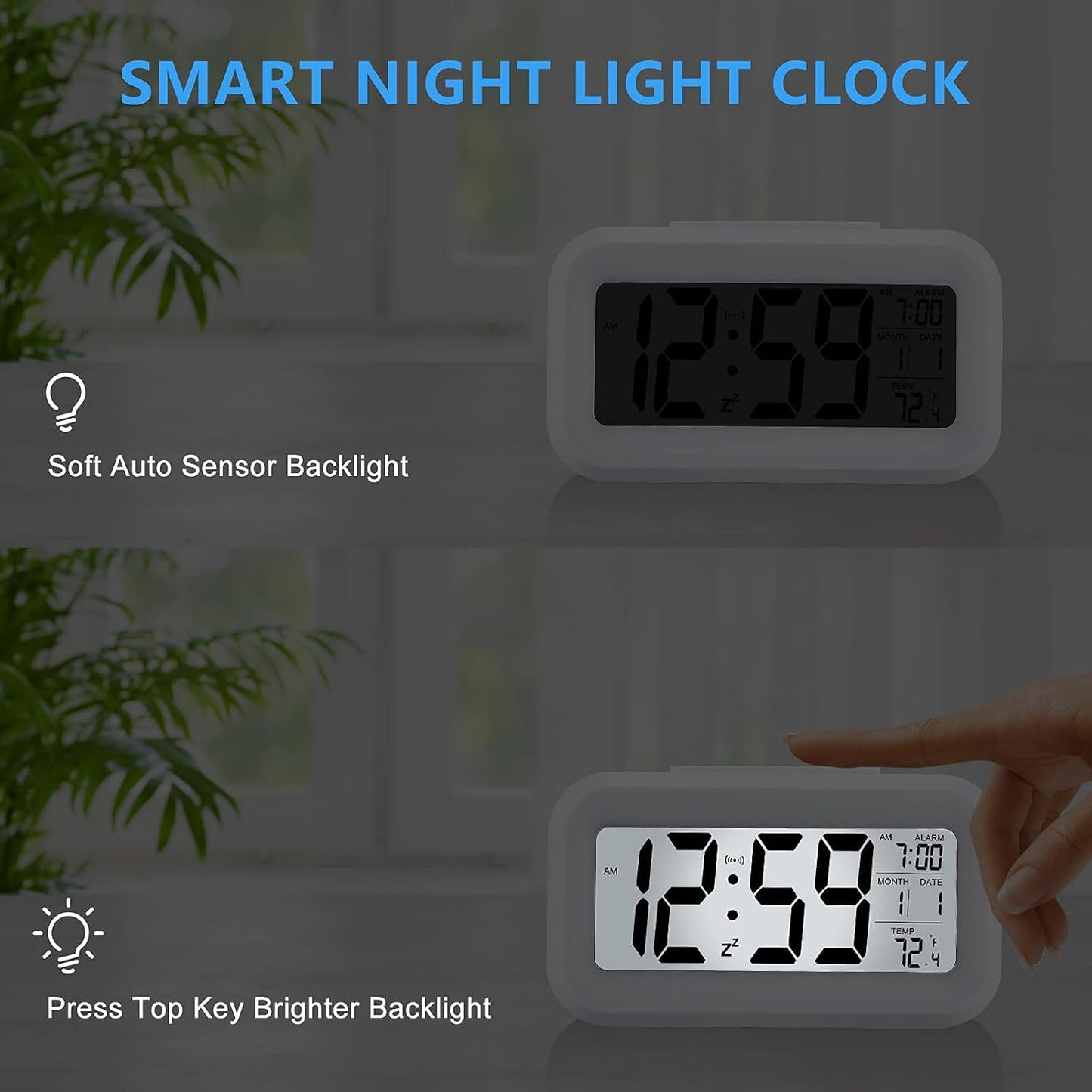 Digital Alarm Clock, Battery Operated, with Smart Night Light, 4.3-Inch LCD Display, 12/24-Hour Format, Indoor Temperature, White