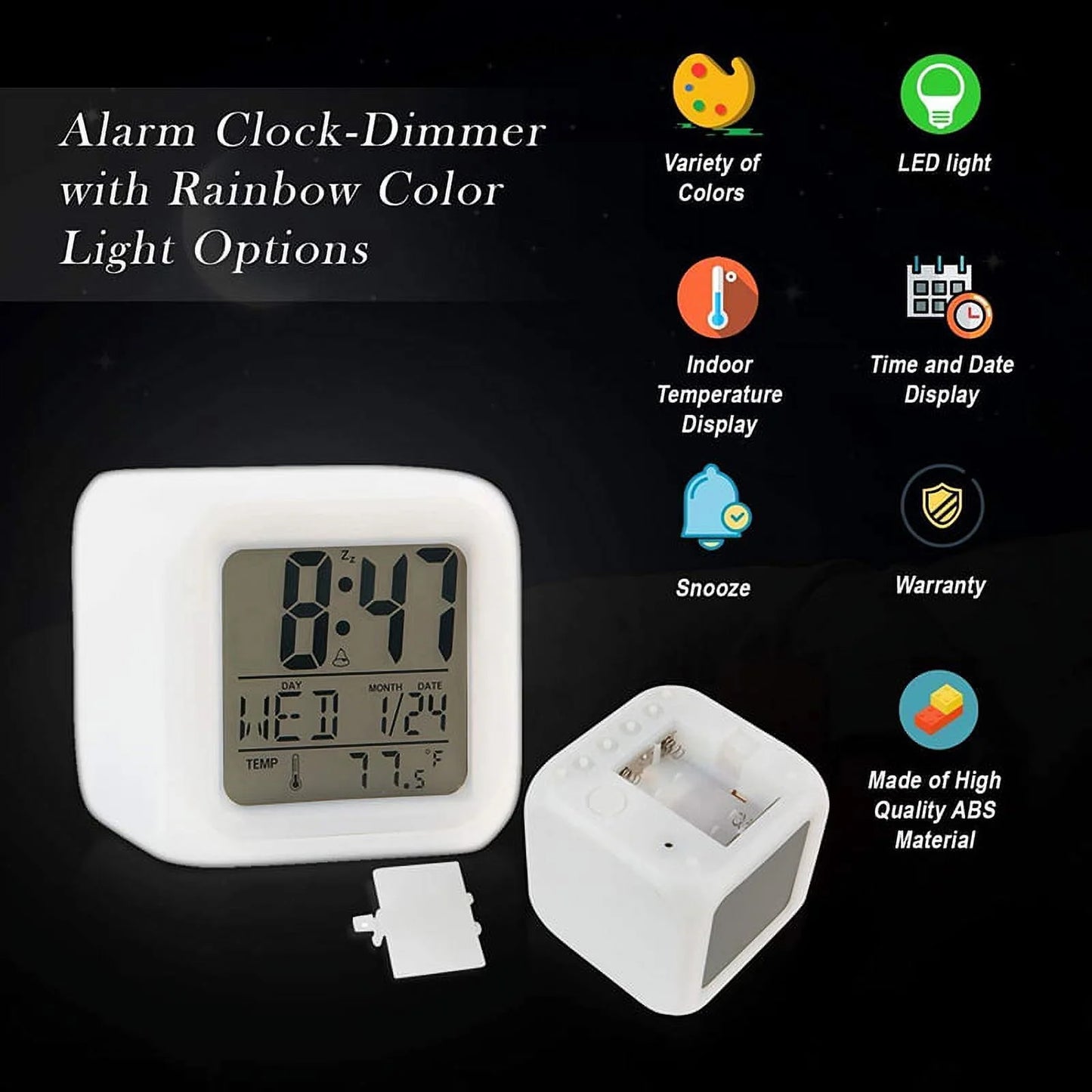 Colorful Alarm Clock Kids Wake up Digital LED Night Light Clock Travel for Boys Girls, Large Display Time/Date/Alarm with Snooze