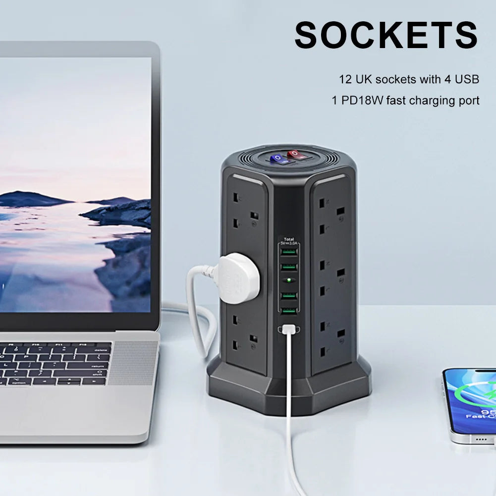 13A 3250W Tower Power Strip PD18W Fast Charging USB Slots Multi Plug Socket Power Strip 5 USB Ports and 12 Way Tower Power Strip