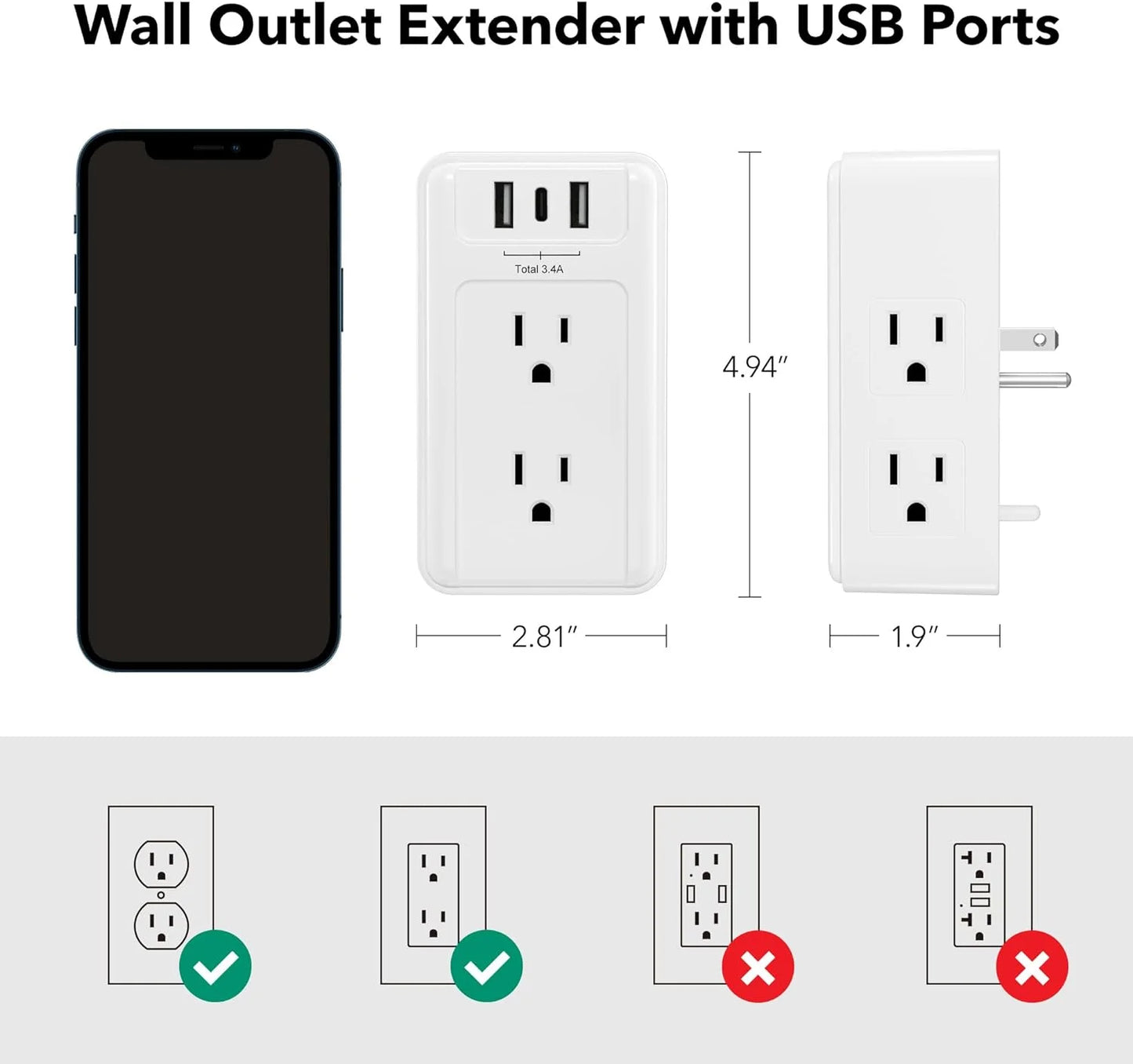 Multi Plug Outlet Extender, 6 Wall Outlets and 3 USB Ports (1 USB C), Multi Outlet Splitter Power Strip, USB Wall Power Strip Plug Adapter for Home, Office, Travel, 5V, 3.4A