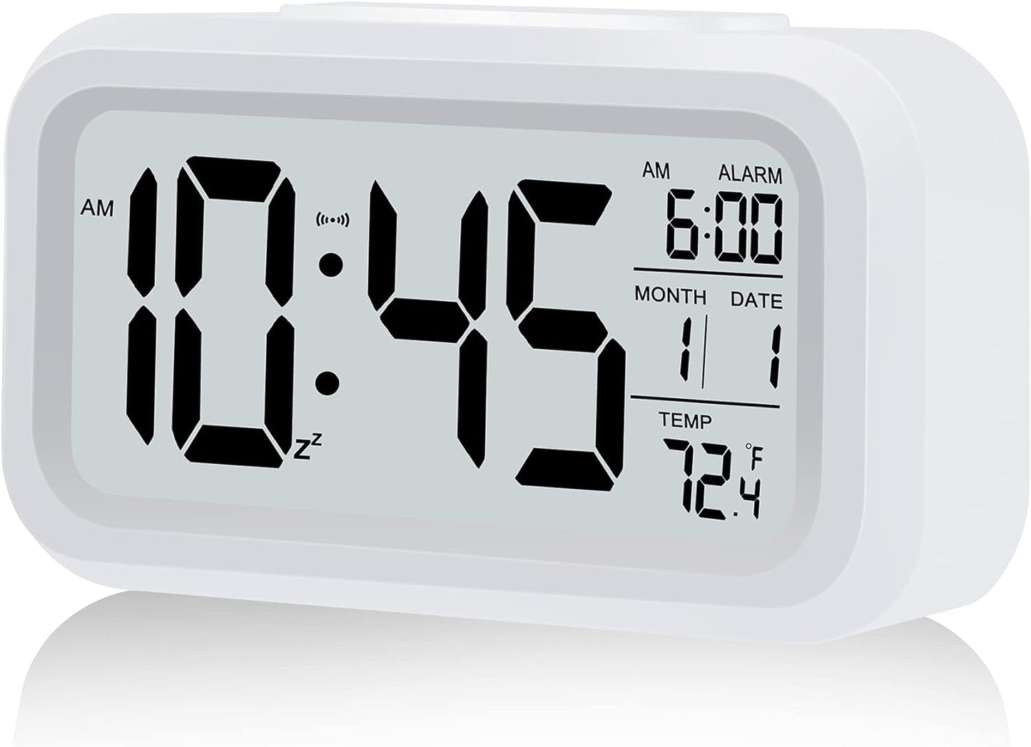 Digital Alarm Clock, Battery Operated, with Smart Night Light, 4.3-Inch LCD Display, 12/24-Hour Format, Indoor Temperature, White