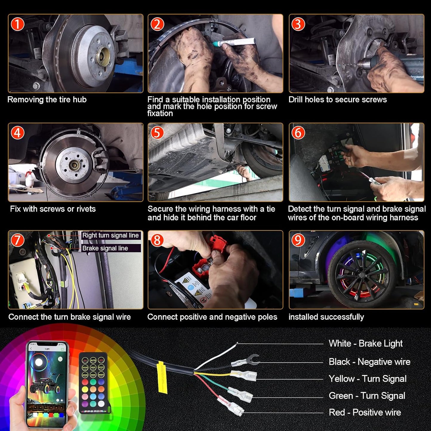 4PCS 15.5 Inch Dancing Color and Pure White LED Wheel Ring Light with Turn Signal and Braking Function, Can Controlled by Remote and APP, Single Row Rim Lights for Truck, Vehical, Offroad