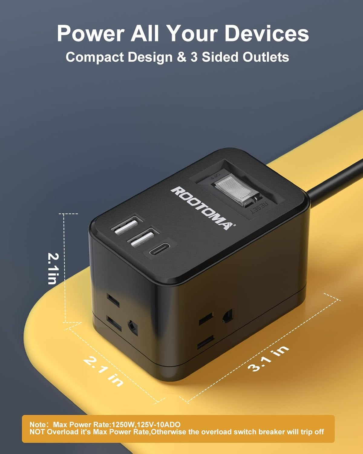 Power Strip with USB C, Power Strip Flat Plug Extension Cord 6 Feet, USB C Charging Station, 3 Outlets 2 USB Ports (15.5W/3.1A), Non Surge Protector for Travel, Cruise Ship 02-Black