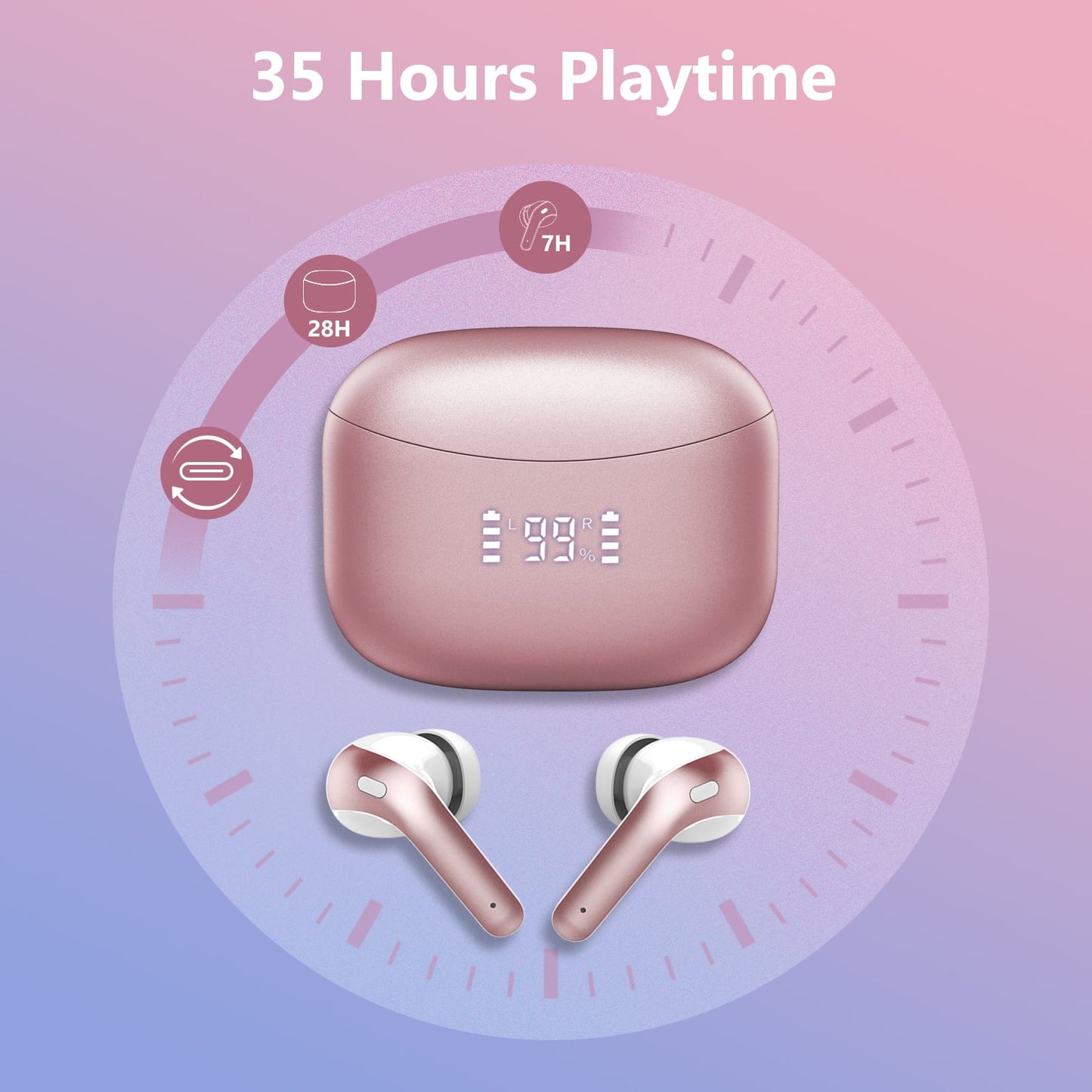 Wireless Earbuds Bluetooth Earbuds with Charging Case 35 Hours Playtime IPX7 Waterproof Headphones with Mic Pink