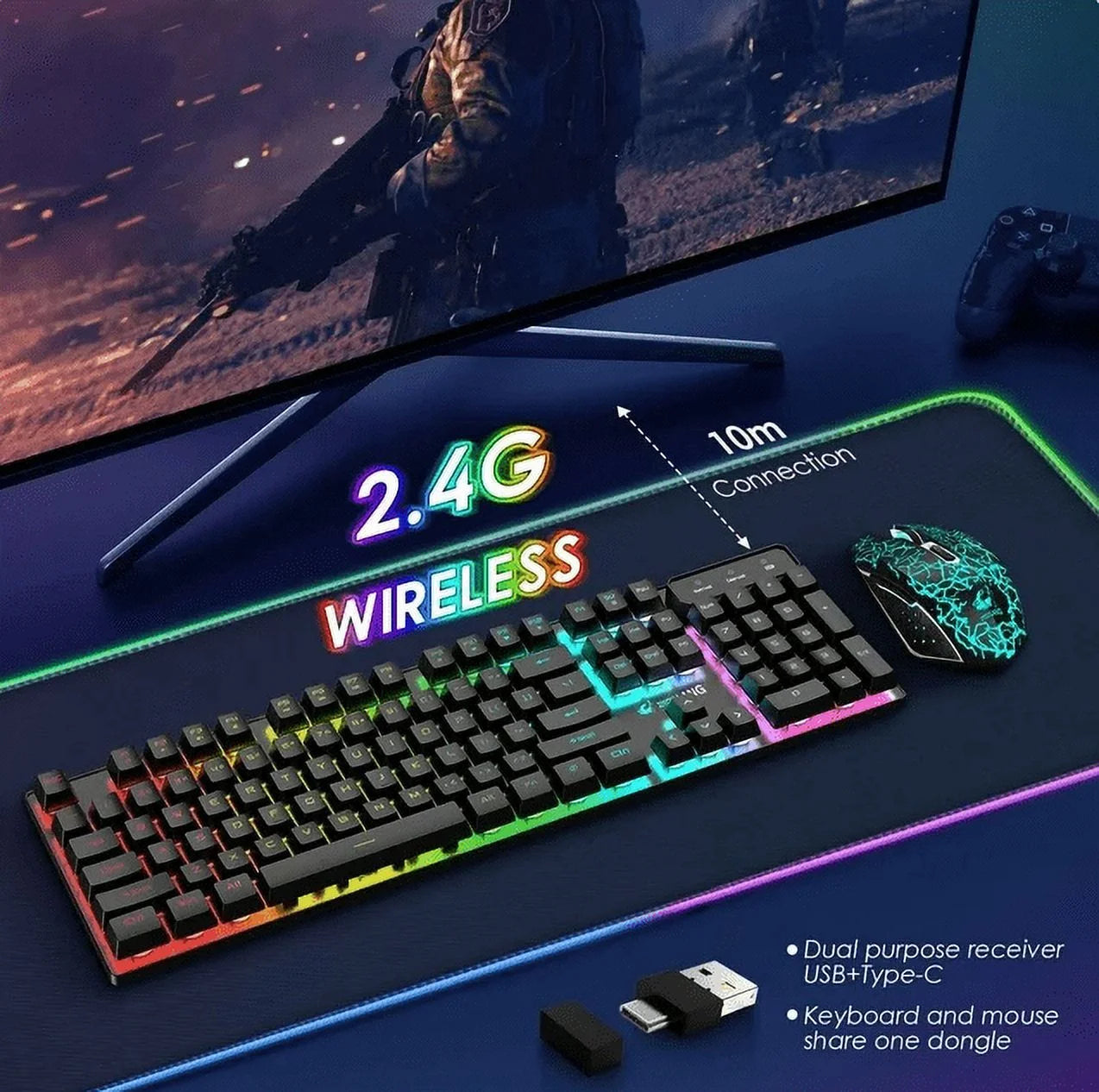 Wireless Gaming Keyboard and Mouse Combo with Mouse Pad, Rainbow LED Backlit Rechargeable Battery Mechanical Ergonomic Feel Dustproof 7 Color Backlit Mute Mice for Computer for Mac for PC Gamer