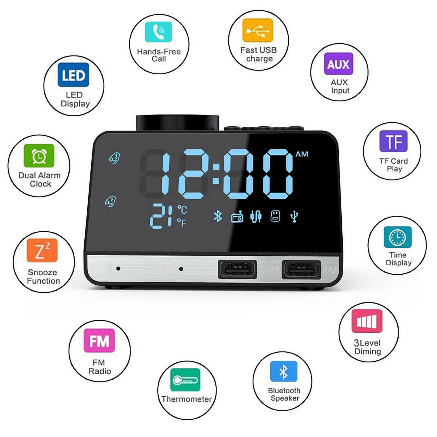 Smart Alarm Clock Radio Bluetooth Digital Speaker Alarm Clocks with Dual USB Charging Port and LED Display